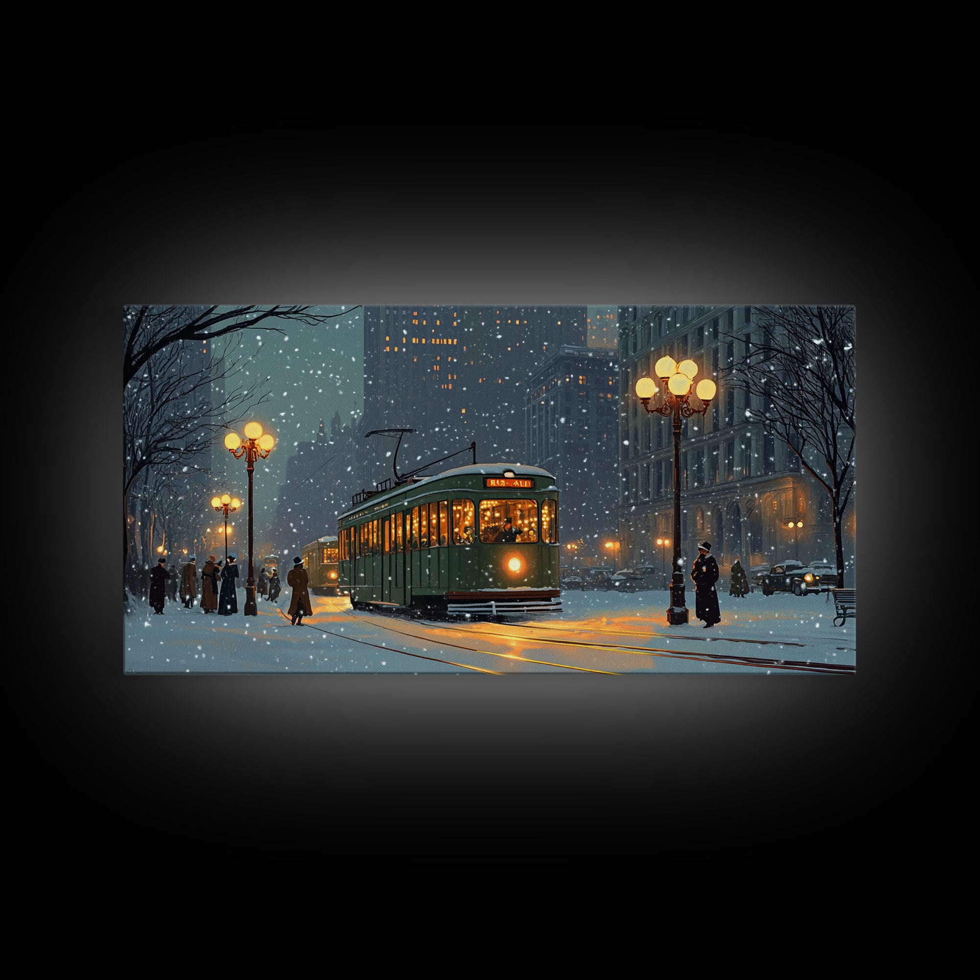 Vintage Christmas Street Scene Framed Canvas Print, City Tram Holiday Art, Christmas Wall Art Gift Idea, Holiday Season Decor, Wall Decor