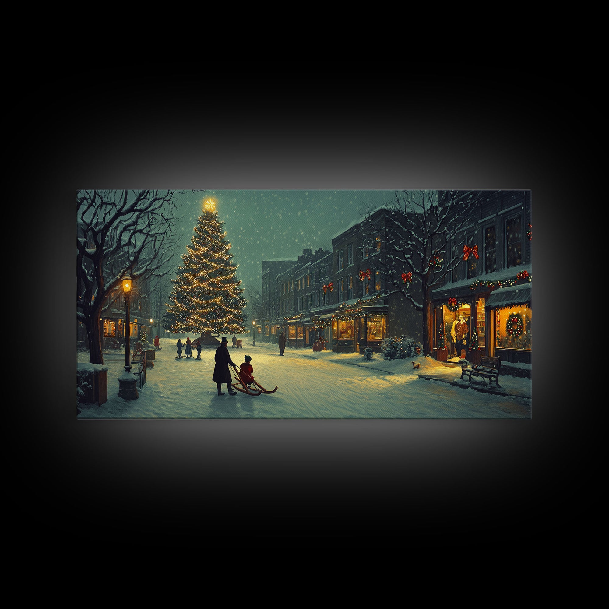 Christmas Village Tree Lighting Framed Canvas Print, Nostalgic Winter Holiday Art, Vintage Wall Art Scene, Best Gift Idea Christmas Decor