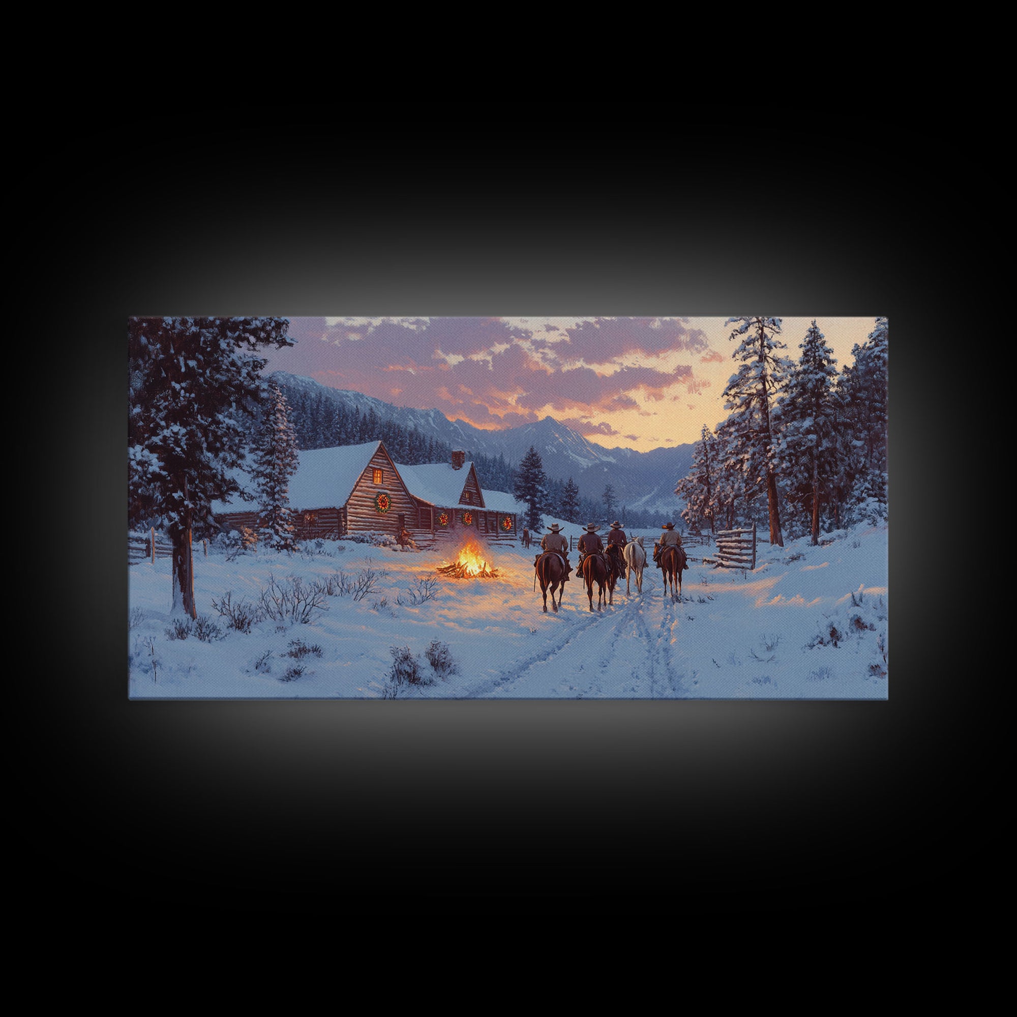 Cowboys and Log Cabin Winter Christmas Framed Canvas Print, Rustic Mountain Holiday Scene Art, Best Christmas Gift Idea, Winter Decor