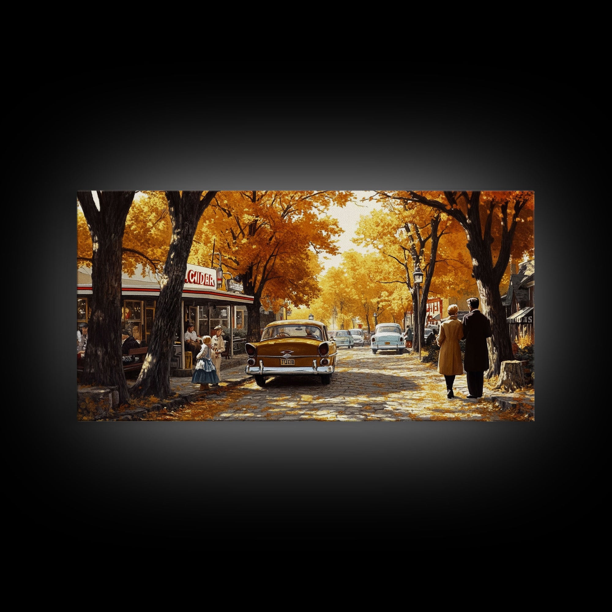 Retro Autumn Village Scene Framed Canvas Print, Cozy Fall Farmhouse Wall Art, Decor Gift Idea, Vintage Country Town Art, Best Fall Gift