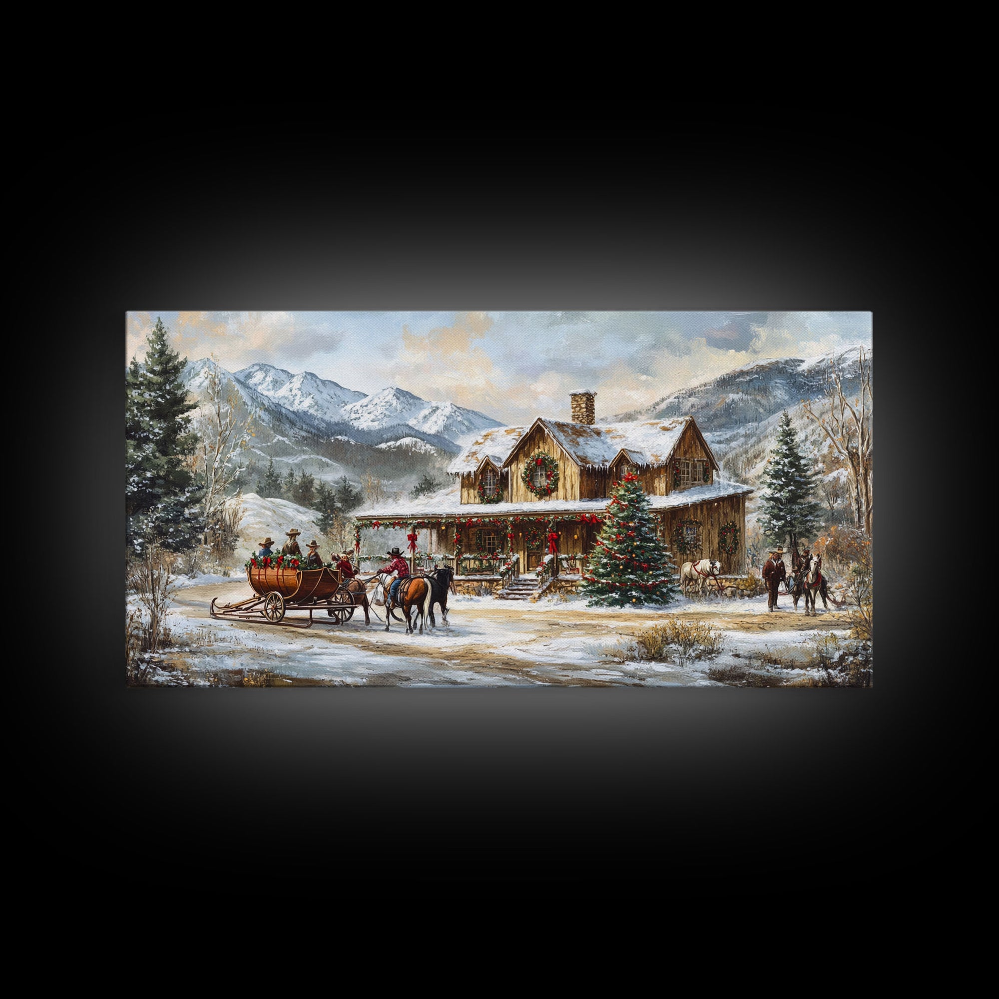 Mountain Log Cabin Christmas Framed Canvas Print, Rustic Holiday Winter Scene, Best Gift Christmas Wall Art, Vintage Holiday Decor Ideas