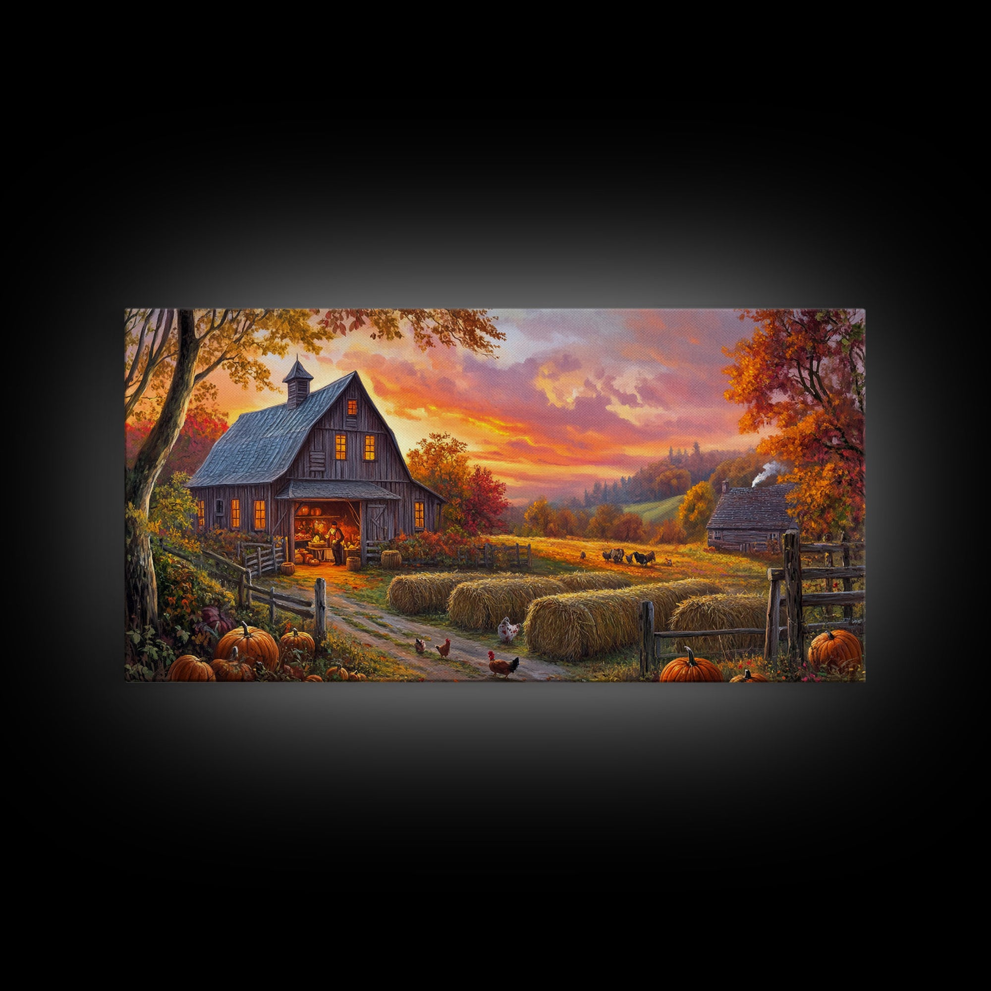 Cozy Barn at Sunset Framed Canvas Print, Fall Harvest Wall Art, Country Farmhouse Autumn Decor, Seasonal Gift Idea Best Fall Wall Art