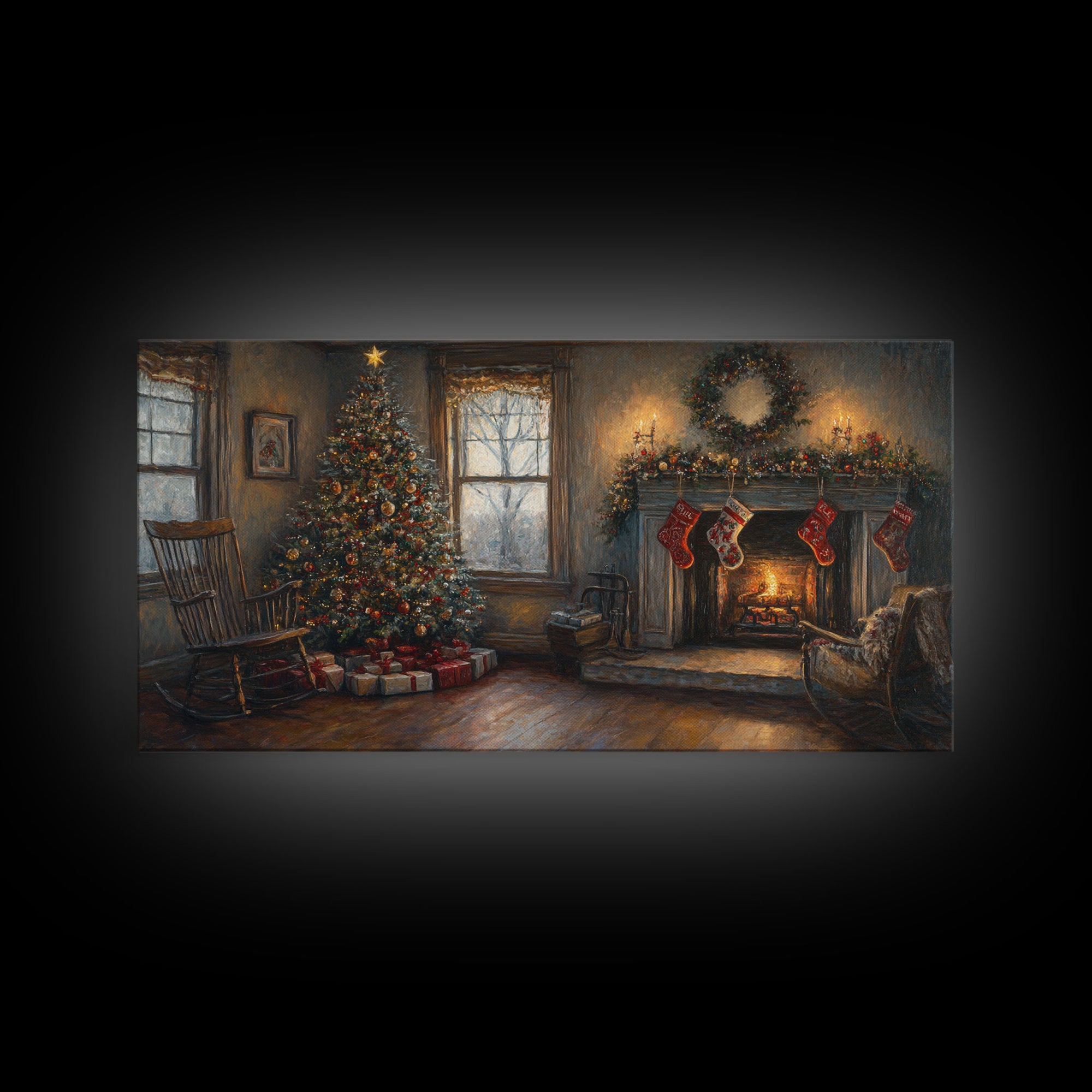 Traditional Christmas Living Room Framed Canvas Print with Tree and Stockings, Rustic Christmas Decor, Best Holiday Gift Wall Art