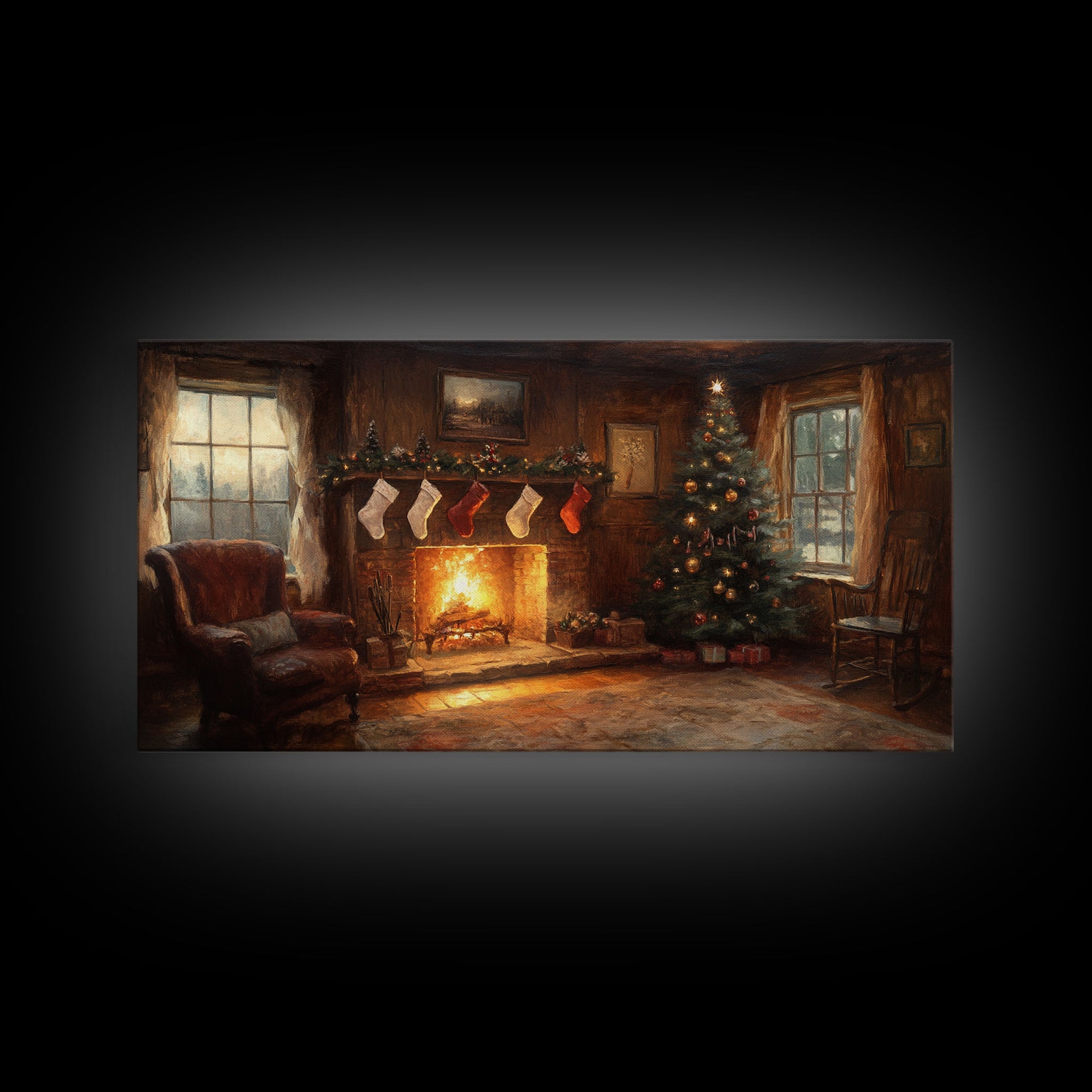 Vintage Christmas Living Room Framed Canvas Print with Fireplace and Stockings, Cozy Rustic Holiday Wall Art, Best Christmas Gift Idea