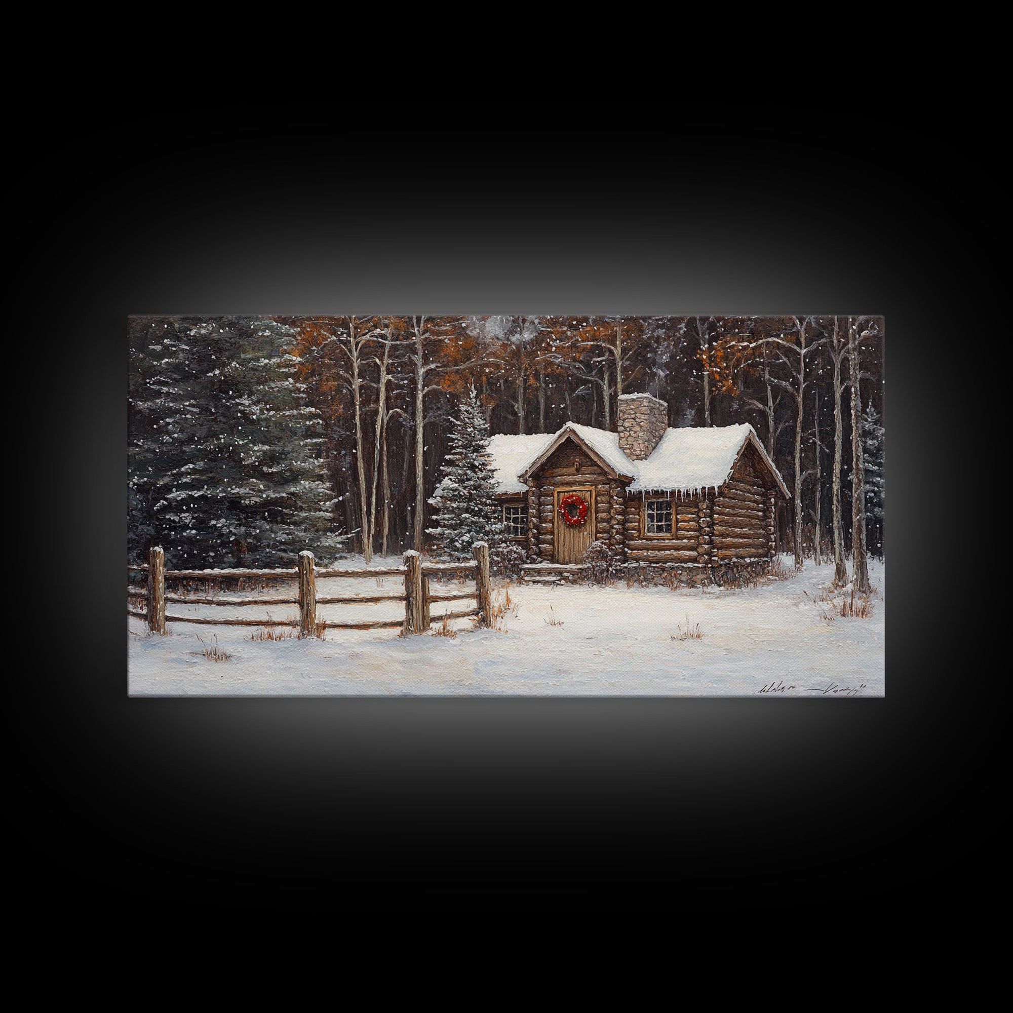 Snowy Log Cabin Christmas Framed Canvas Print, Rustic Winter Wonderland Art, Cozy Holiday Decor, Best Gift Christmas Wall Art