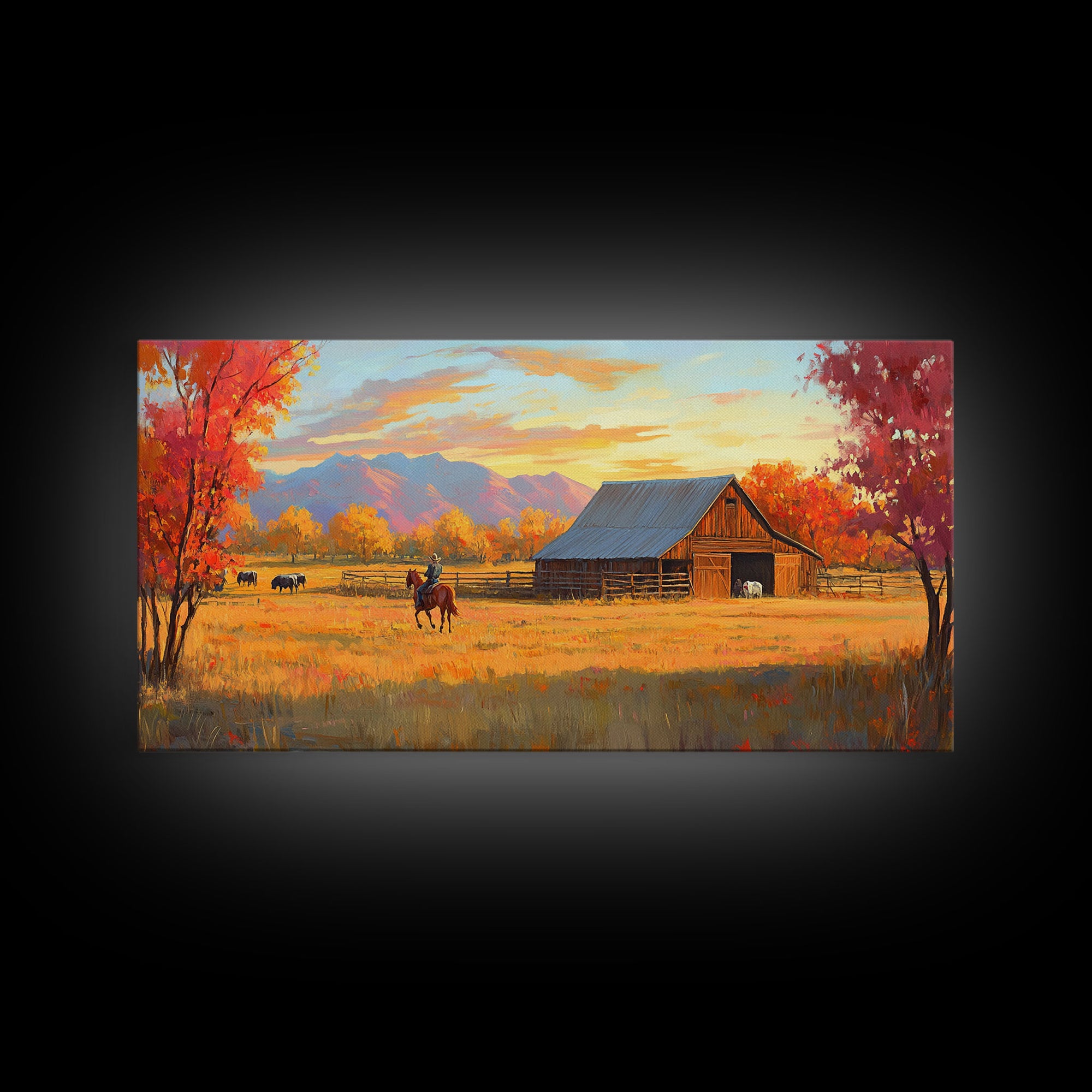 Autumn Cowboy Farm Framed Canvas Print, Cozy Fall Farmhouse Wall Art, Country Western Landscape Decor, Best Gift Seasonal Wall Art