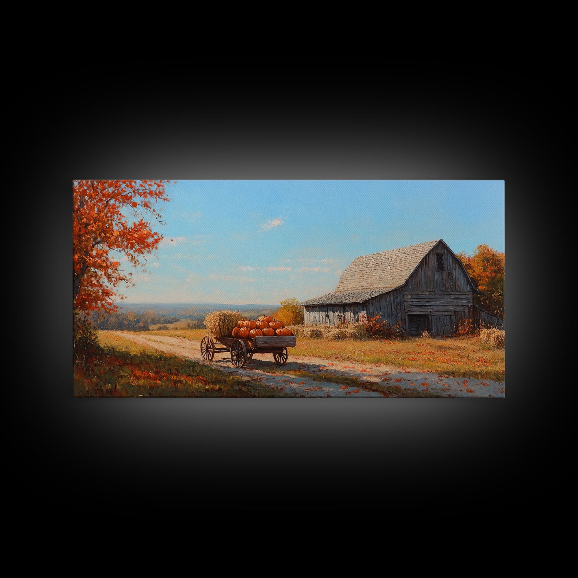 Rustic Barn with Pumpkins Framed Canvas Print, Cozy Fall Farmhouse Decor, Country Autumn Harvest Art, Seasonal Wall Art Gift Idea