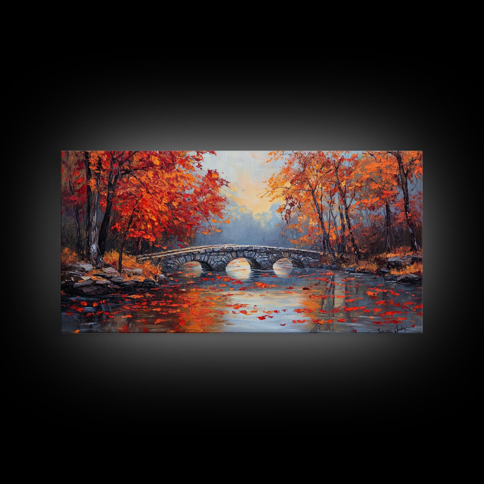 Autumn River Bridge Framed Canvas Print, Colorful Fall Landscape Wall Art, Cozy Seasonal Decor, Best Gift Idea for Farmhouse Wall Art