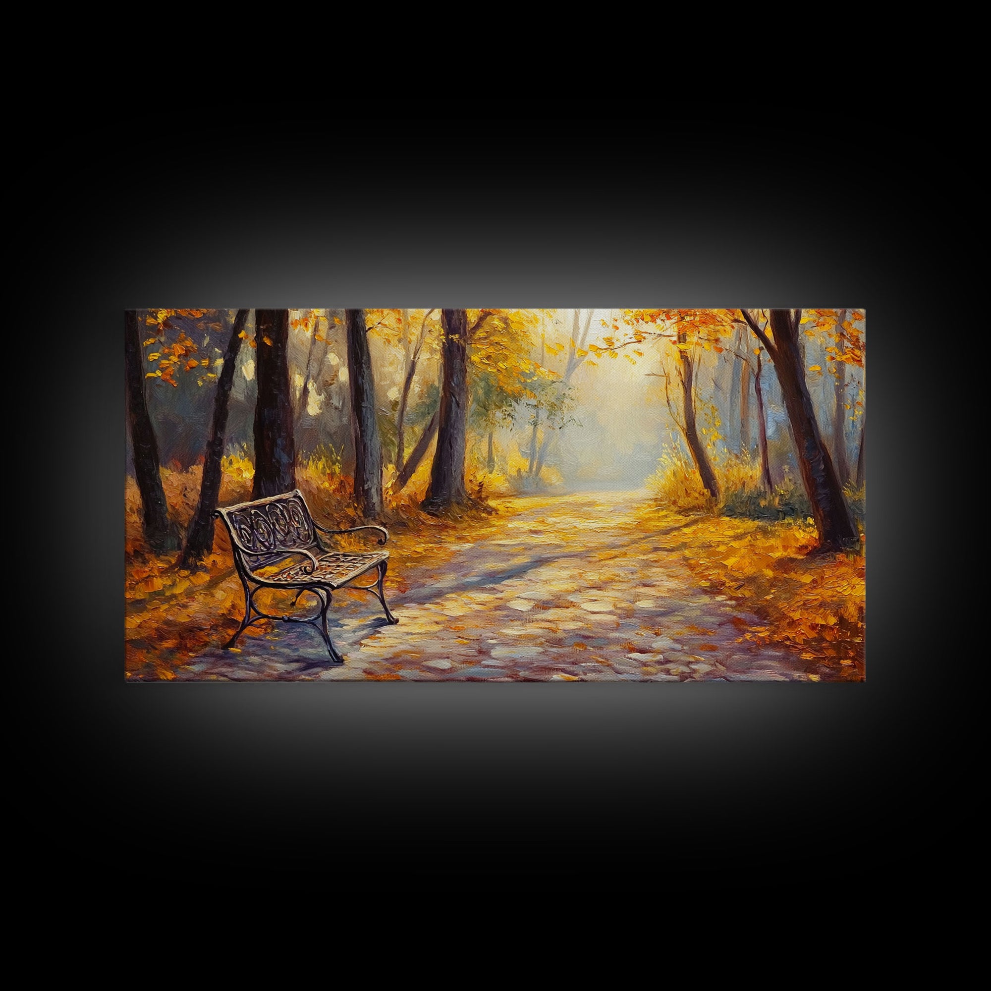 Autumn Path Bench Framed Canvas Print, Serene Fall Landscape Wall Art, Cozy Farmhouse Decor, Seasonal Wall Art Gift Idea