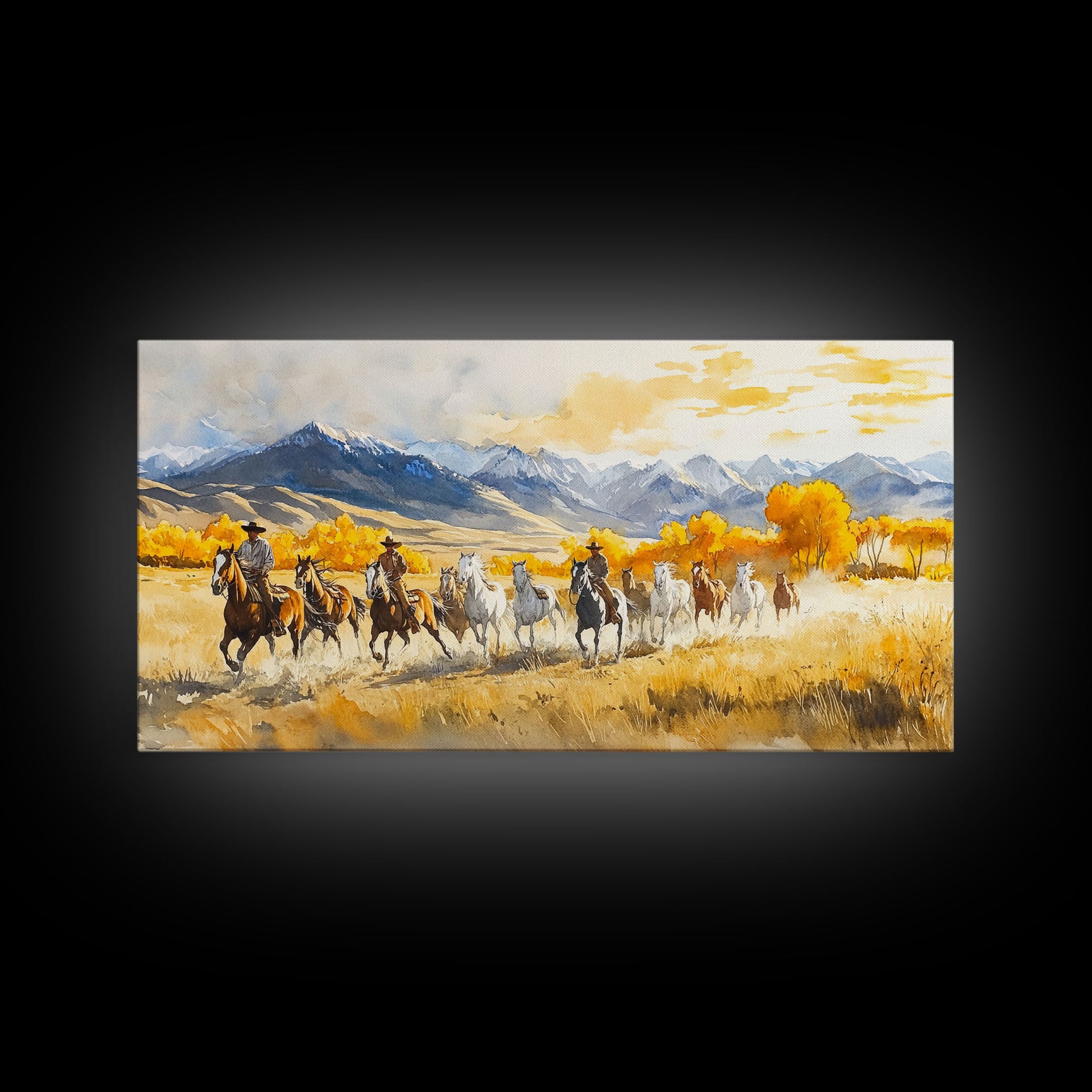 Western Cowboy Horse Drive Framed Canvas Print, Autumn Mountain Landscape with Riders and Horses in Golden Fall Light Wall Art