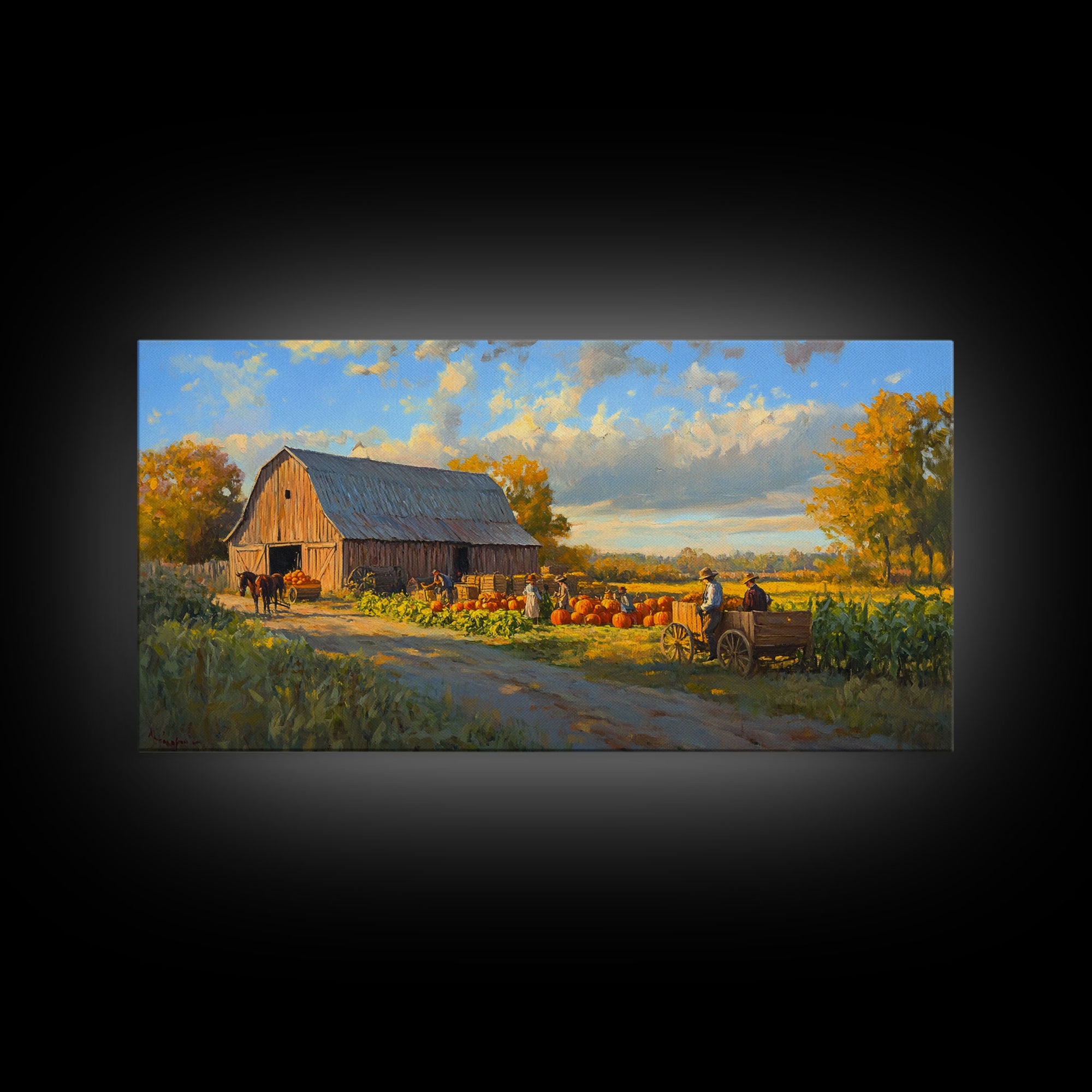 Picturesque Autumn Barn Harvest Scene Framed Canvas Print Farmhouse Art, Fall Harvest Scene Art Print, Rustic Wall Decor for Fall Season