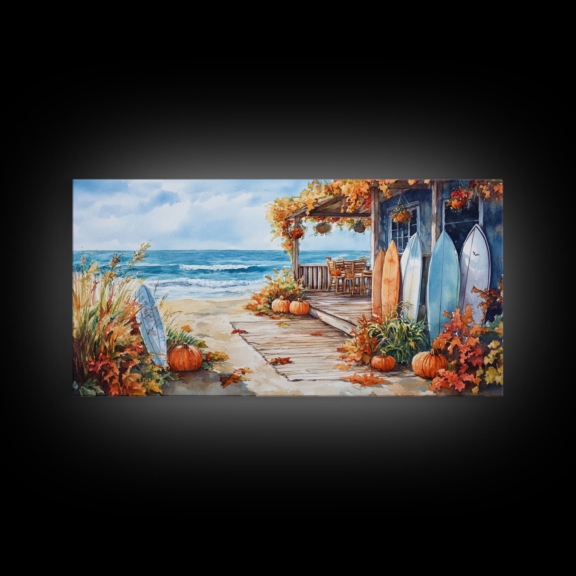 Autumn surfboard porch decor scene, Framed Canvas Print with pumpkins and fall leaves on beach, autumn beach house wall art and decor piece