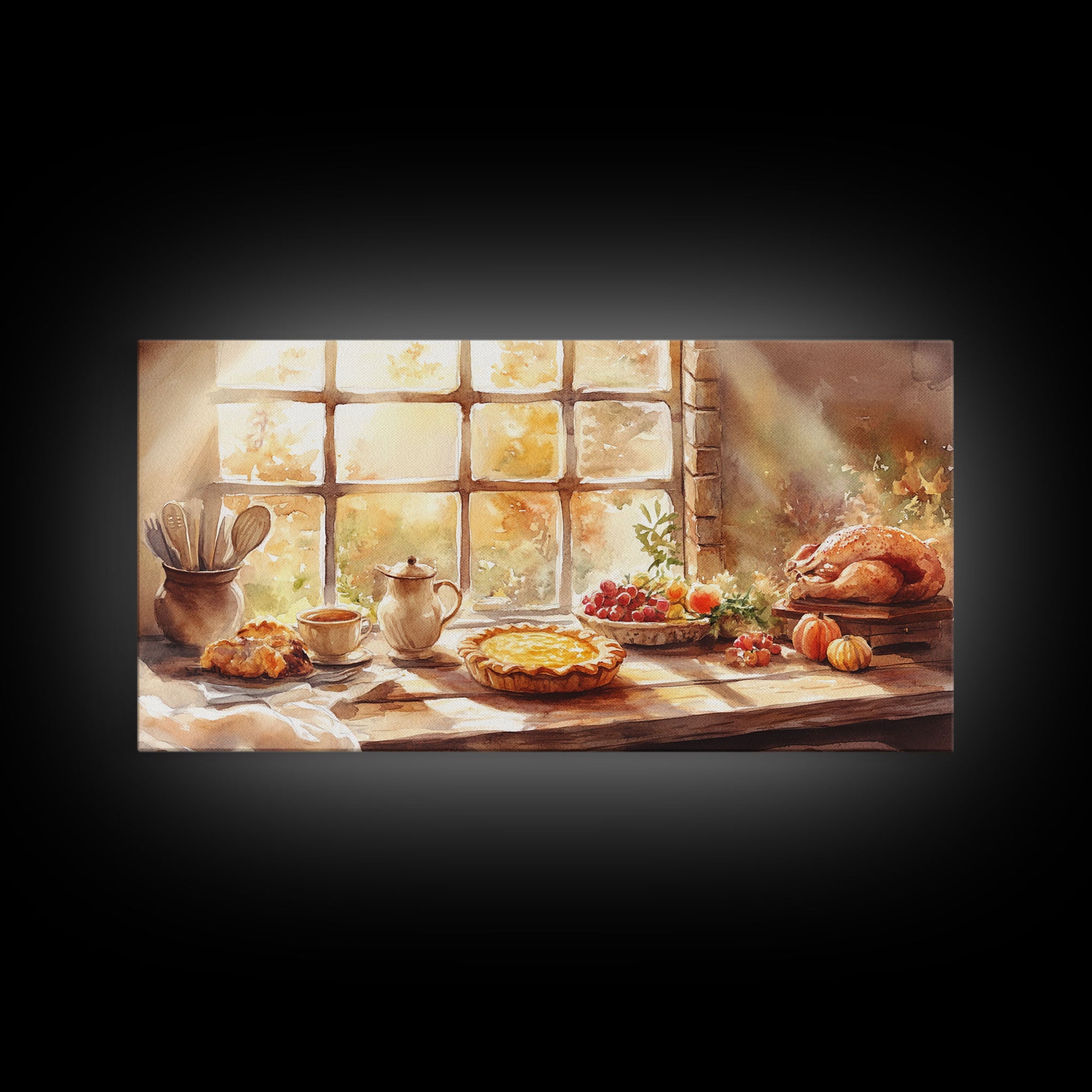 Thanksgiving table scene with food, pies and fall decor, Framed Canvas Print with pumpkins sunlight, autumn harvest home wall art and decor