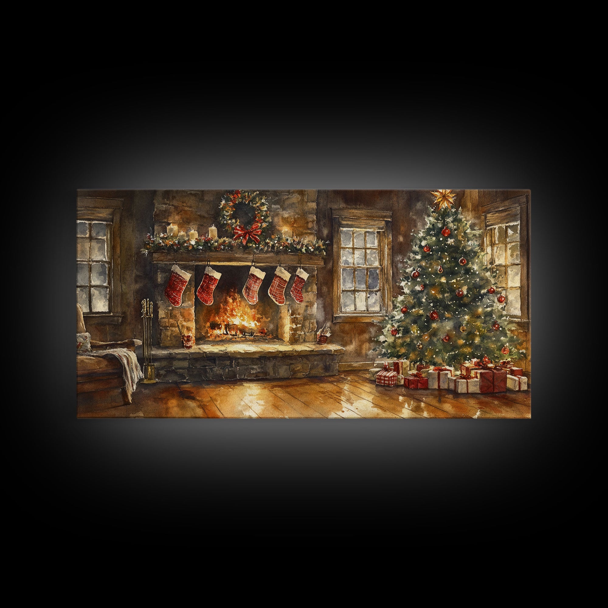 Cozy Christmas living room with stockings, Christmas tree, and fireplace, Framed Canvas Print for holiday wall art vintage Christmas decor