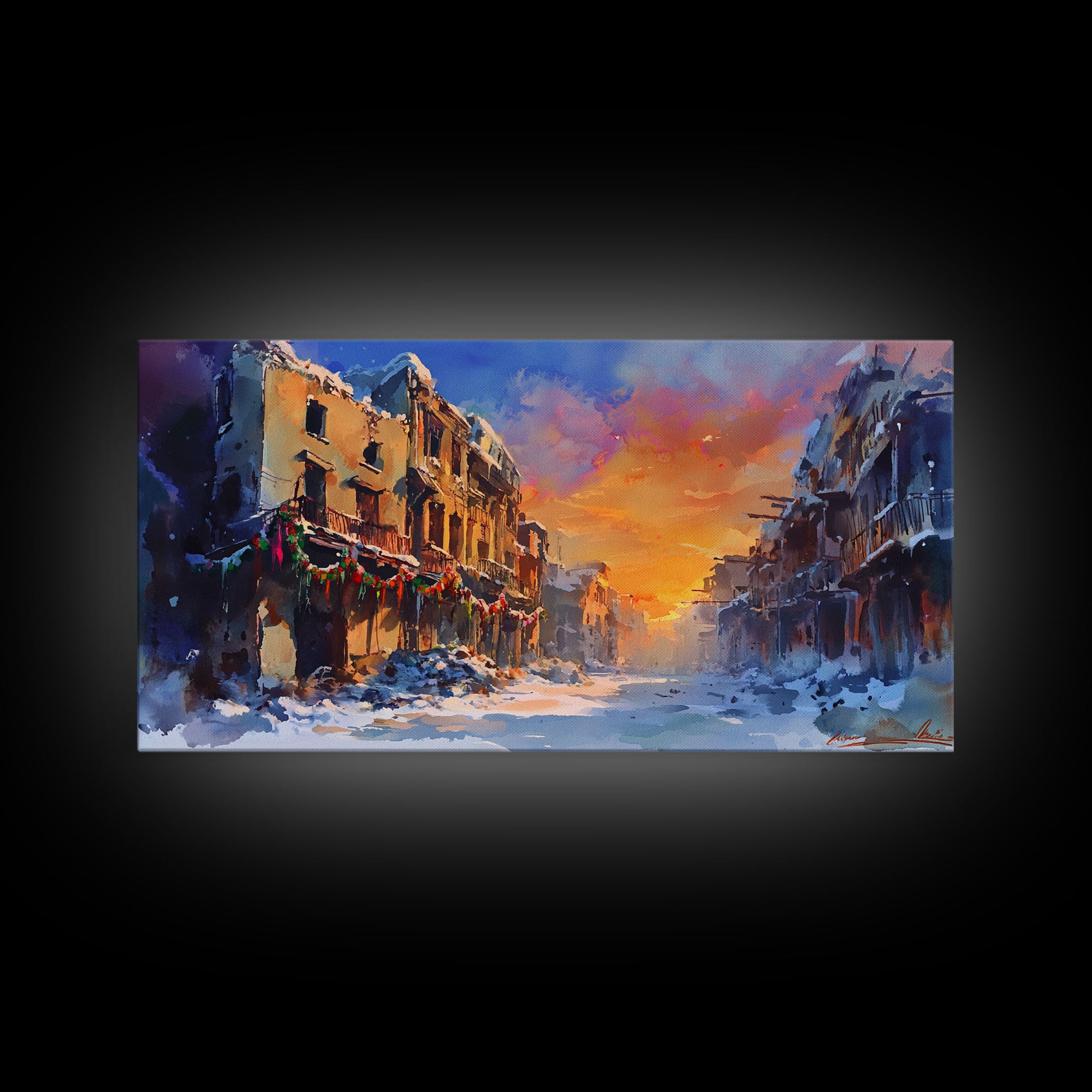 Snowy abandoned street at sunset with festive garland, framed canvas print, moody landscape Christmas or holiday decor