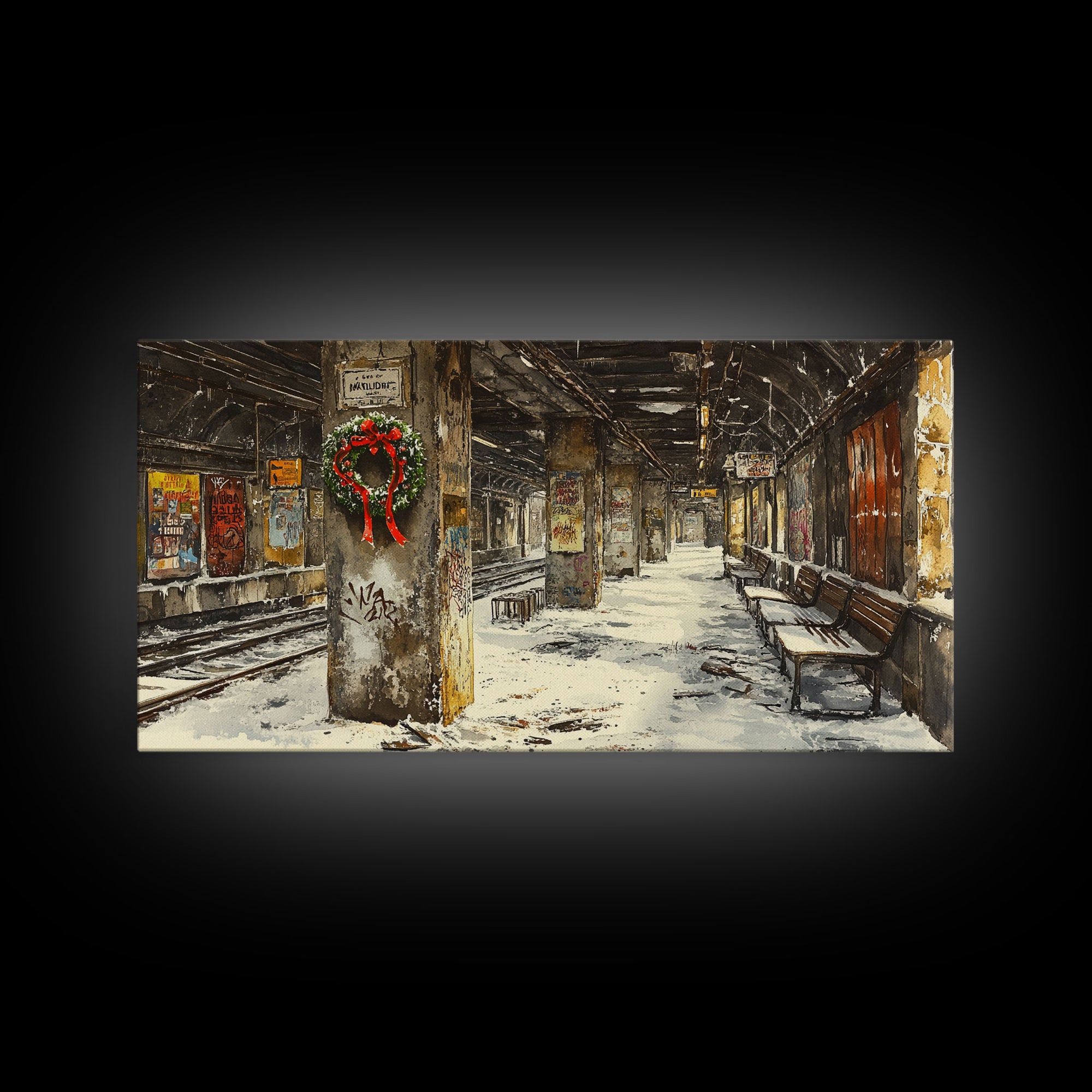 Underground subway station winter scene framed canvas print, snowy platform with festive wreath and urban decay, Christmas display