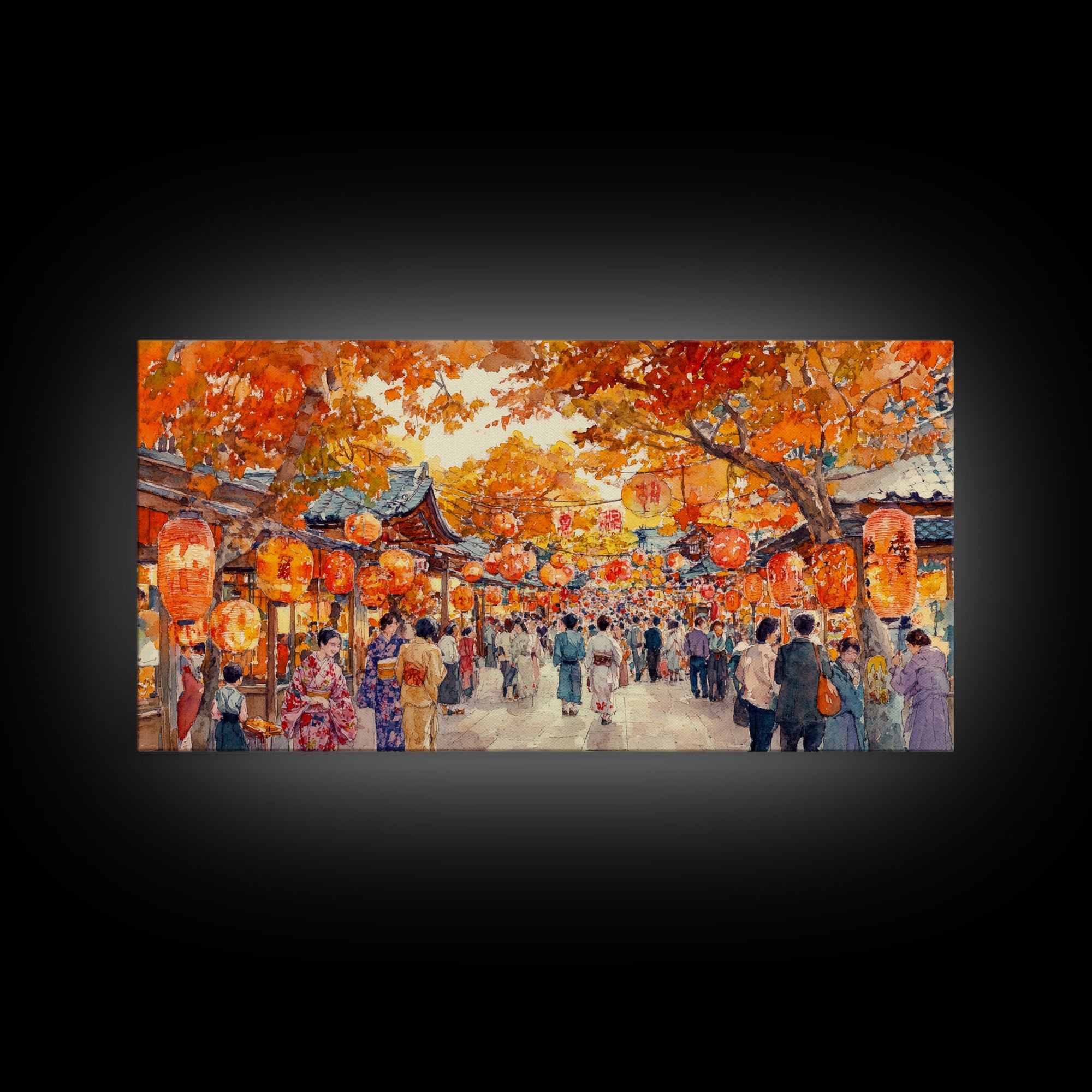 Vibrant fall market street scene with lanterns and people, framed canvas print, perfect autumn or fall festival decor wall art