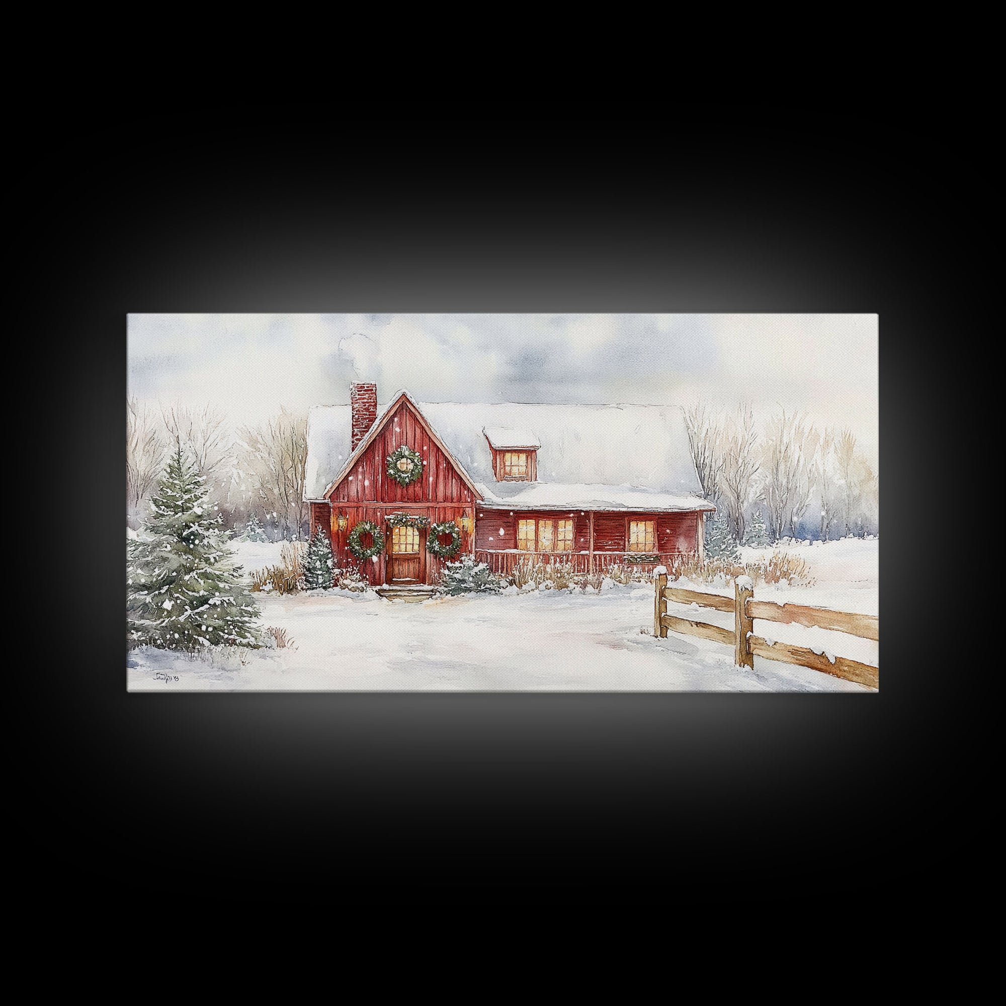 Snowy red farmhouse with wreaths and holiday lights, framed canvas print, perfect Christmas holiday decor or winter wall art display