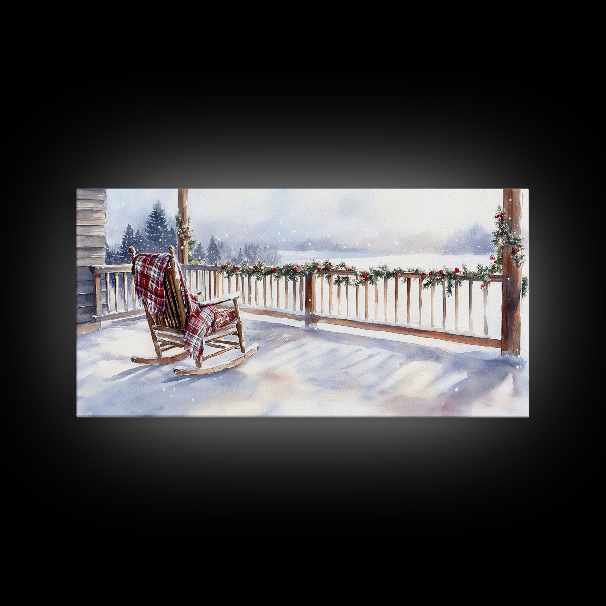 Snowy porch with rocking chair and plaid blanket, framed canvas print, Christmas decor perfect rustic holiday winter wall art