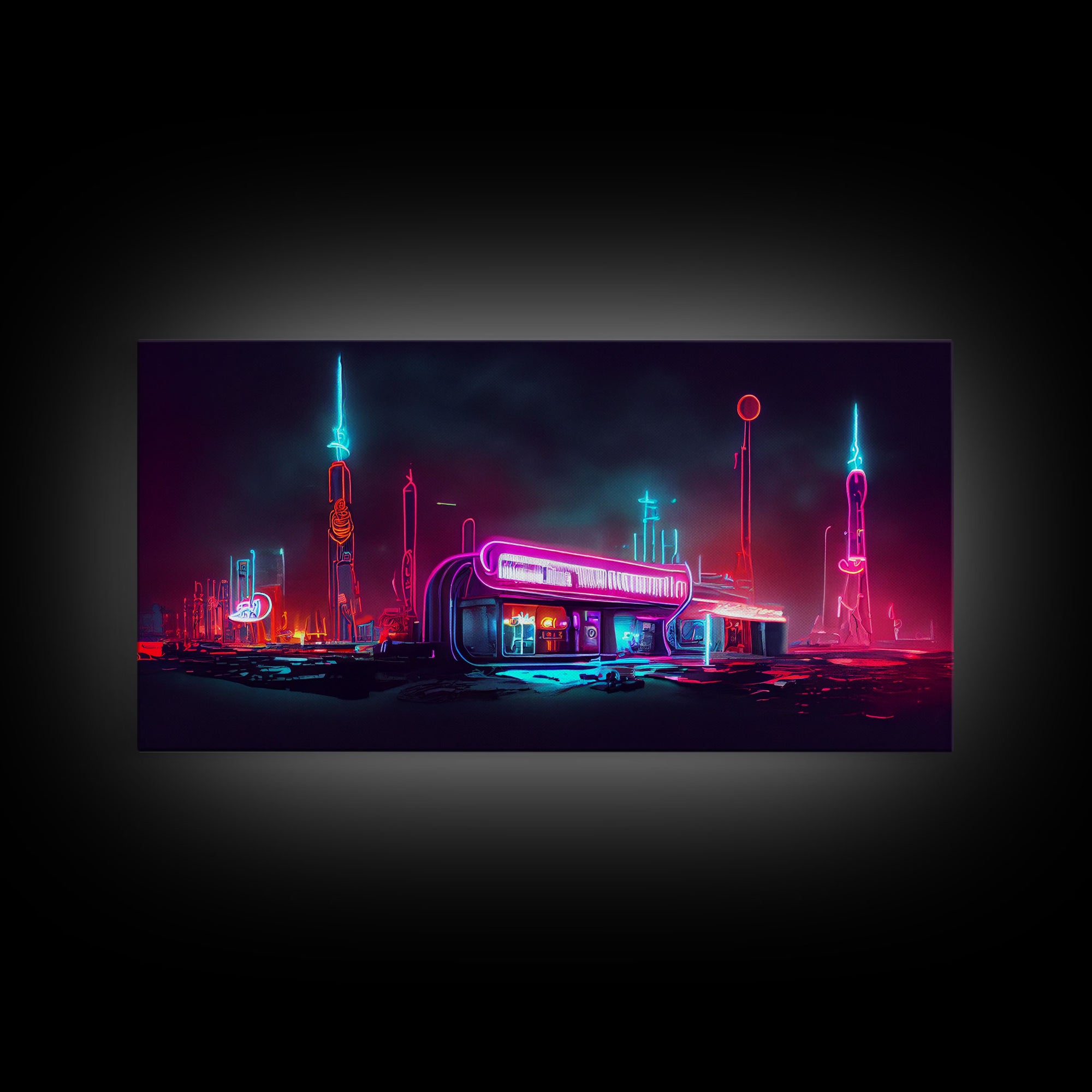 Neon Cyberpunk Diner, Retrofuturism, Framed Ready To Hang Canvas Print, beautiful wall art, guest room decor