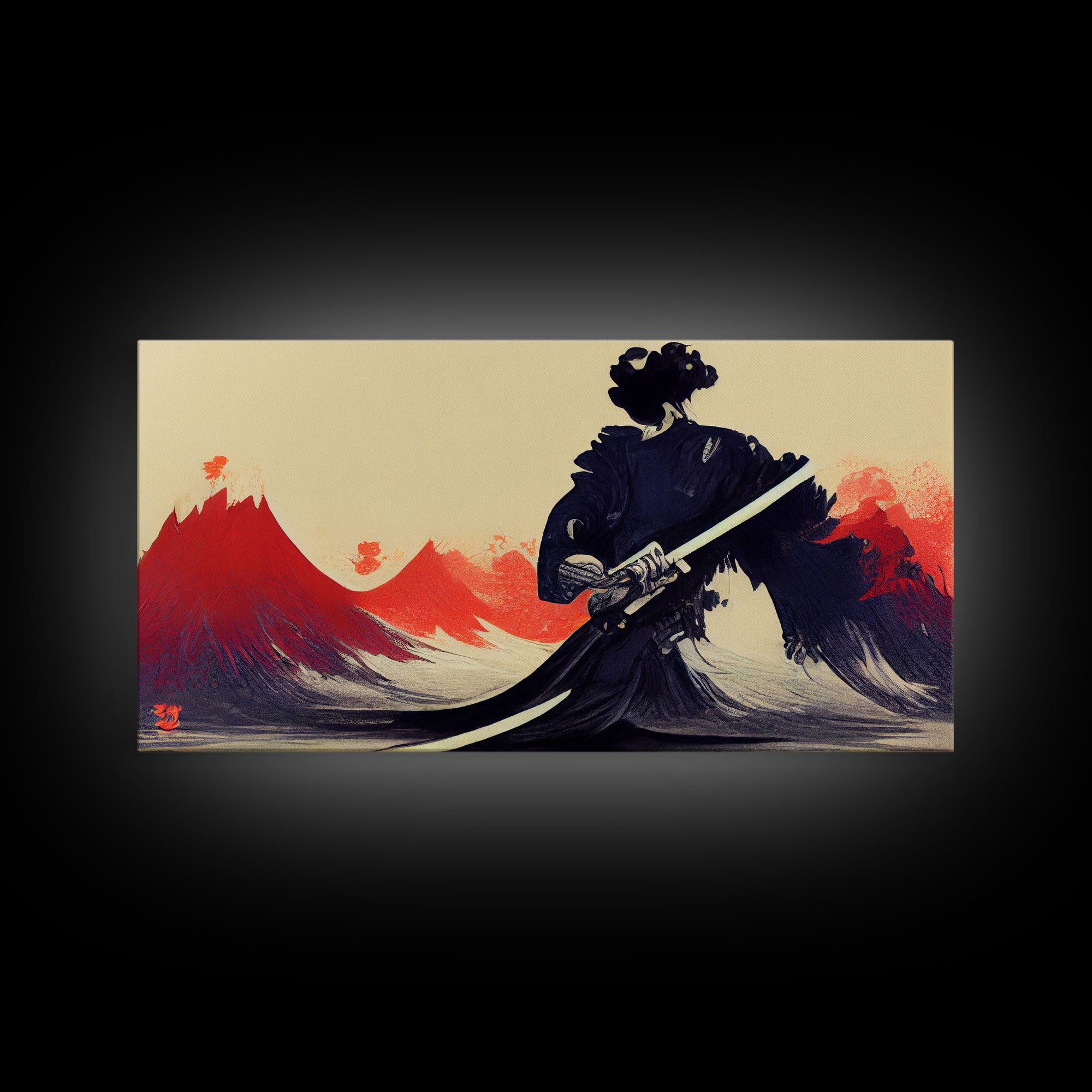 Japanese Samurai Superimposed Over Mountains, ready to hang canvas print wall art, framed canvas wall art, mancave wall art