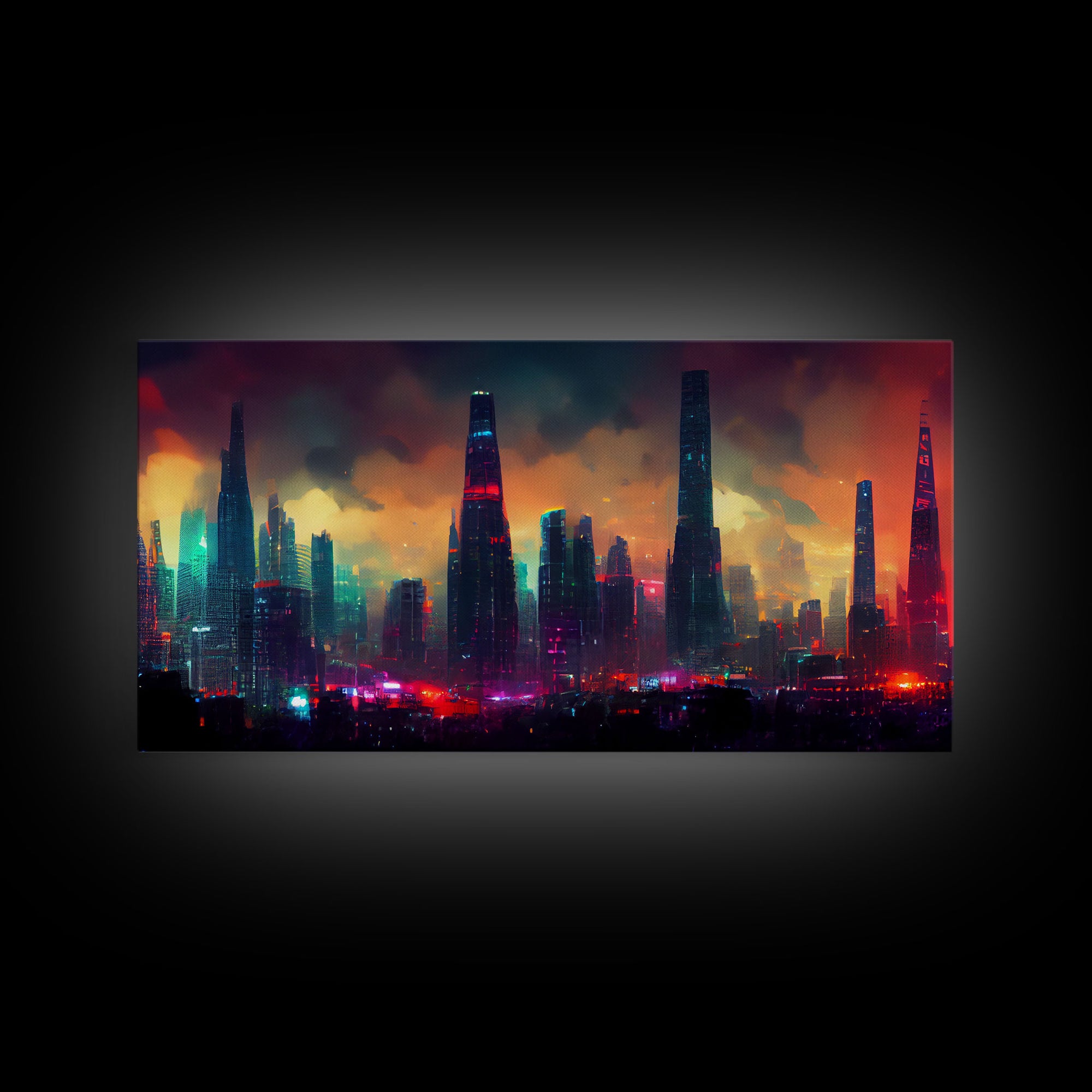 Dystopian Cyberpunk City, ready to hang canvas print wall art, framed canvas wall art, mancave wall art, Cyberpunk Art