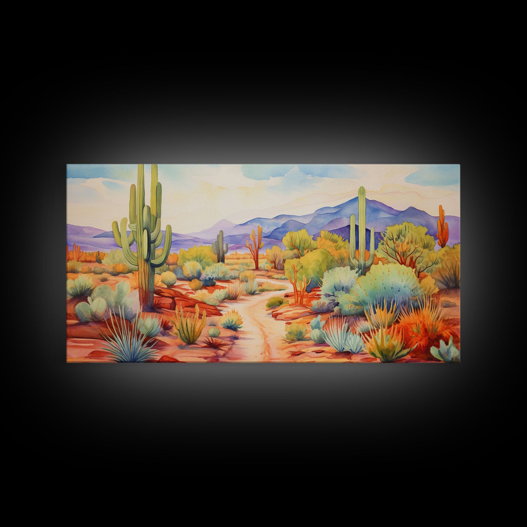 Southwestern Desert Landscape Print, Floral Print, Framed Canvas Art, Vibrant Cactus Desert Art, Mid-Century Modern, Pastel Desert Art