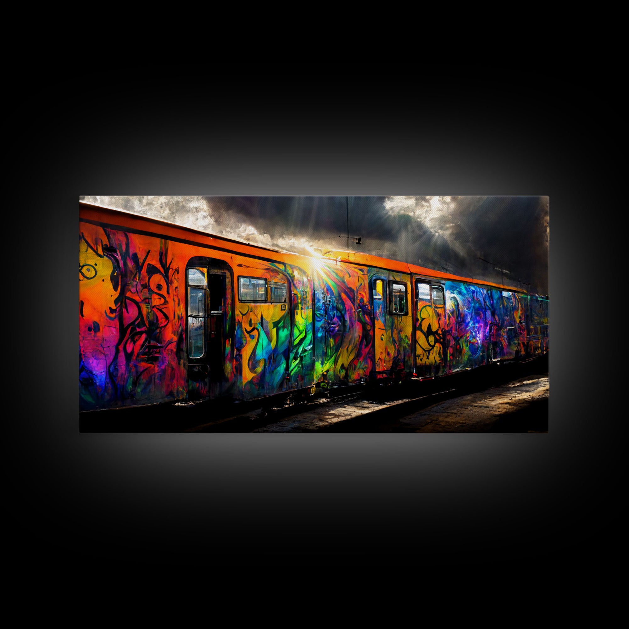 Box car graffiti art, wall decor, train box car, ready to hang canvas print wall art, rainbow train wall art