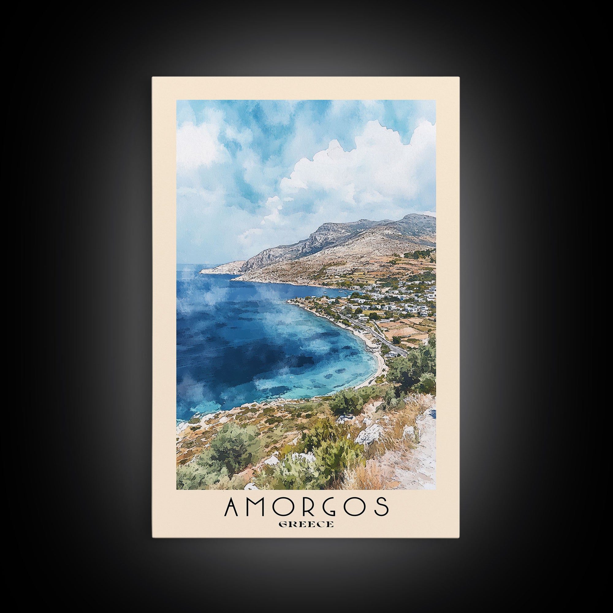 Amorgos, Greece Watercolor Print, Vacation Gift, Greece Wall Art, Beach Painting, Beach Decor, Large Wall Art, Wood Frame Art