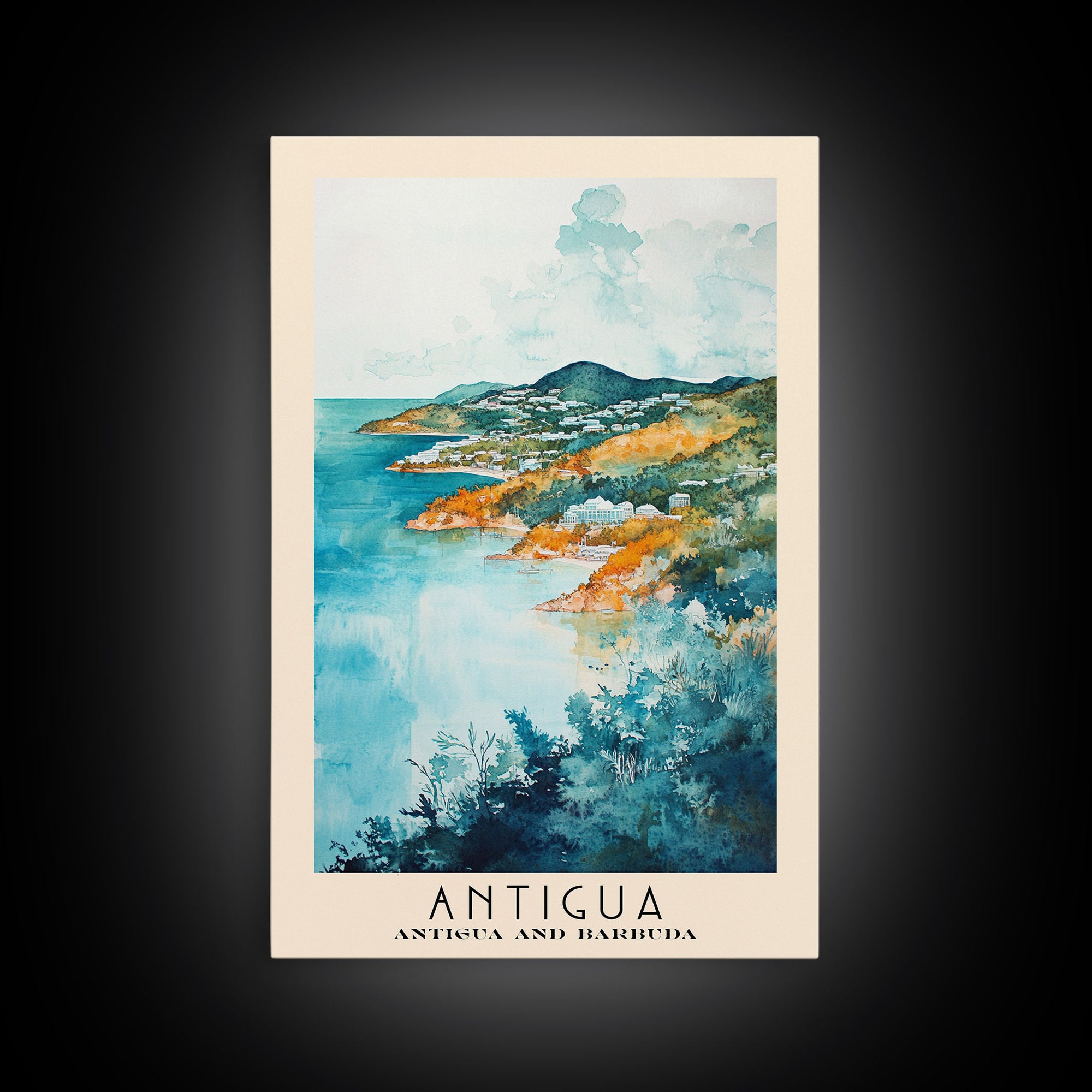 Antigua, Antigua and Barbuda Watercolor Beach Print, Vacation Gift, Antigua and Barbuda Wall Art, Framed Canvas Print, Framed Beach Painting