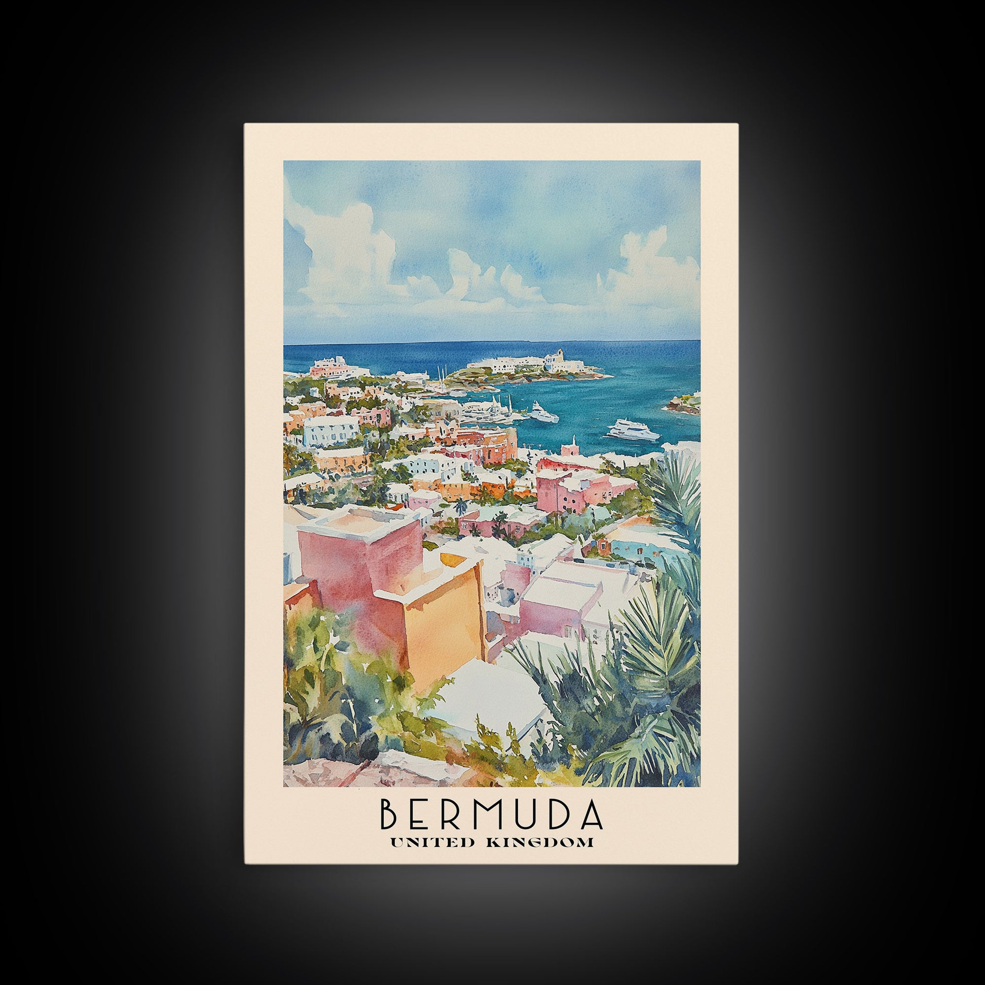 Bermuda, United Kingdom Watercolor Beach Print, Vacation Gift, United Kingdom Wall Art, Framed Canvas Print, Framed Beach Painting