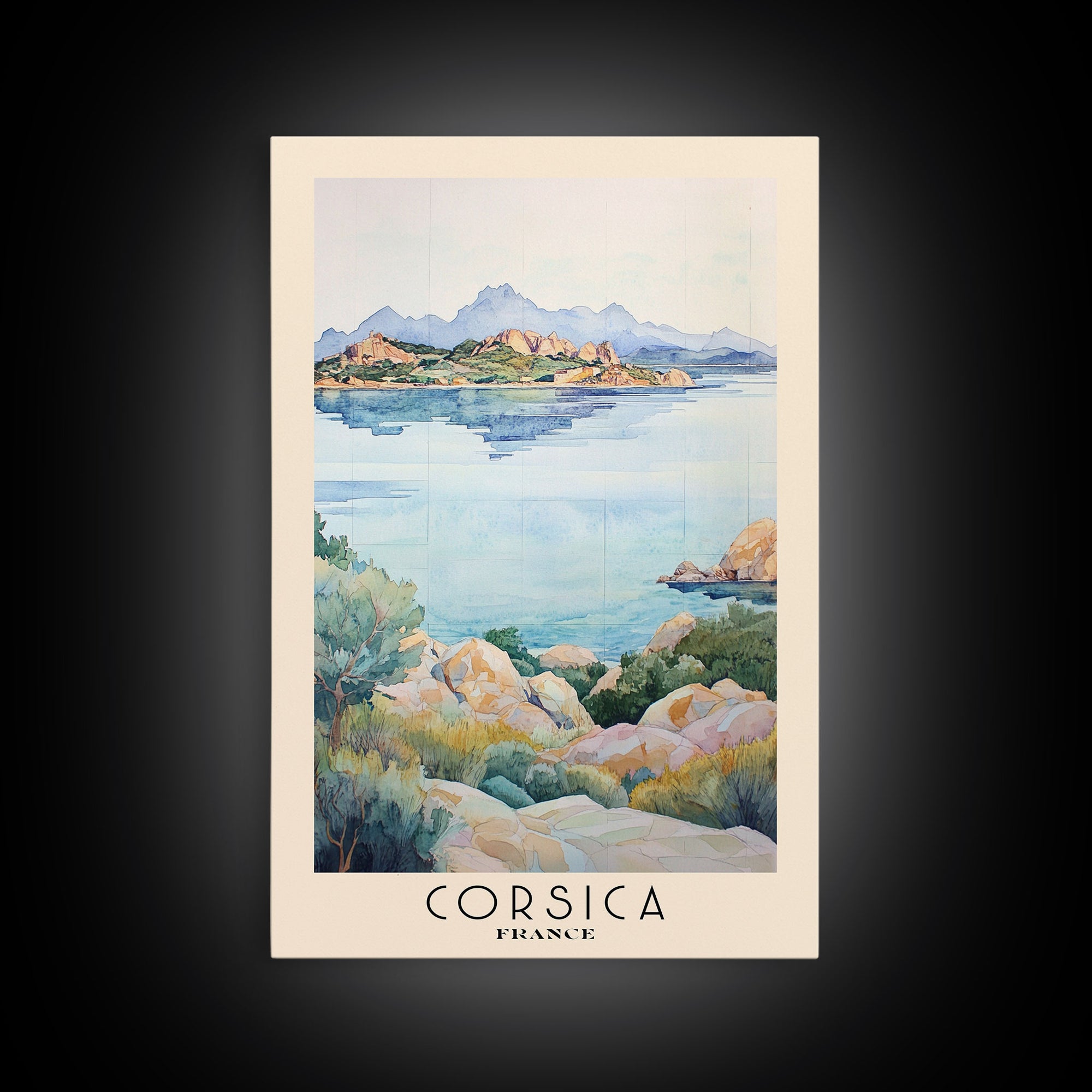 Corsica, France Watercolor Print, Vacation Gift, France Wall Art, Beach Painting, Beach Decor, Large Wall Art, Wood Frame Art