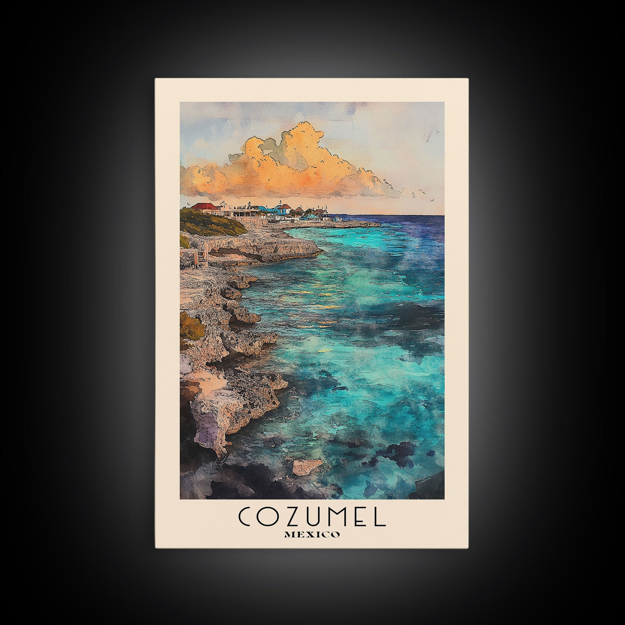 Cozumel, Mexico Watercolor Print, Vacation Gift, Mexico Wall Art, Beach Painting, Beach Decor, Large Wall Art, Wood Frame Art