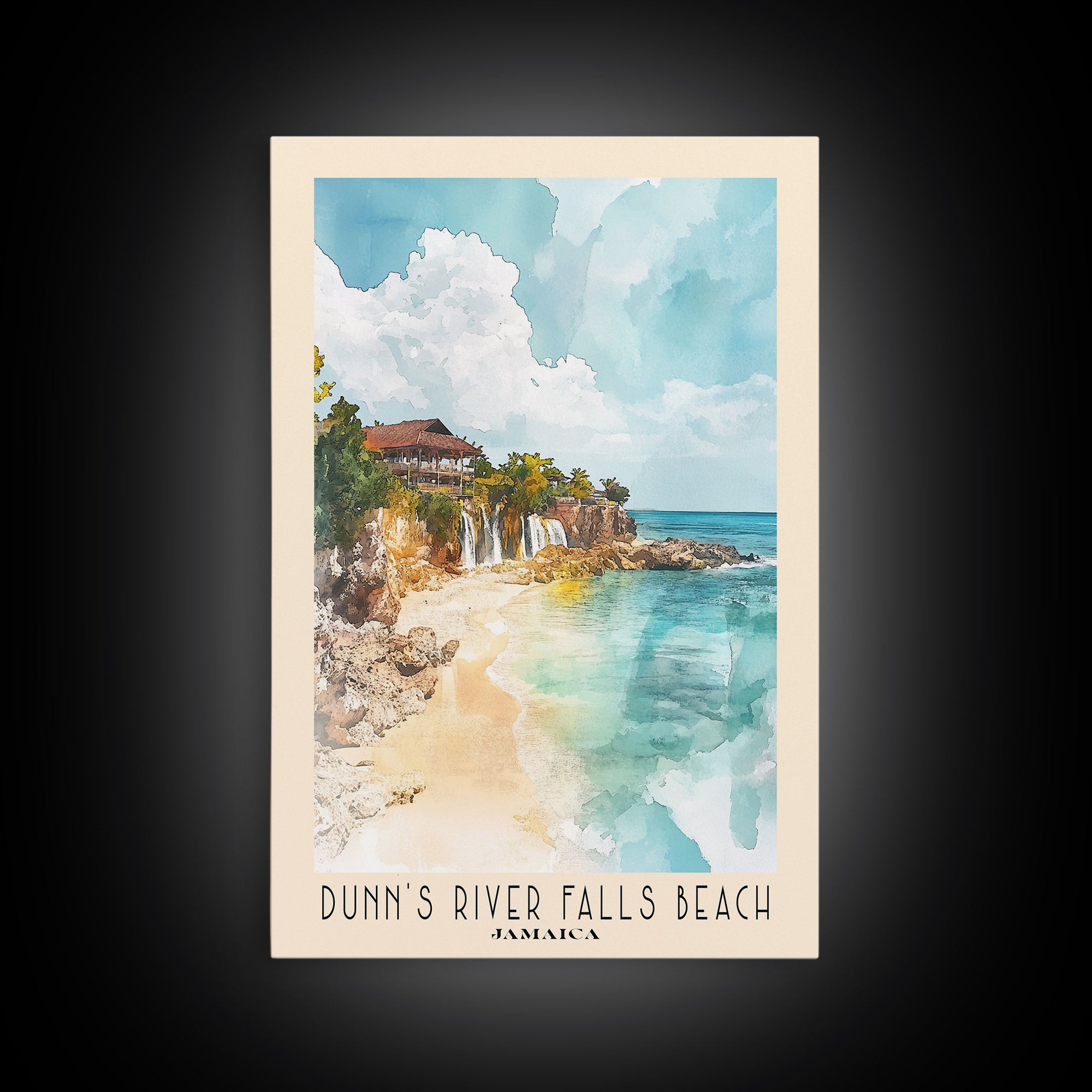 Dunn’s River Falls Beach, Jamaica Watercolor Print, Vacation Gift, Jamaica Wall Art, Beach Painting, Beach Decor, Large Wall Art, Wood Frame Art