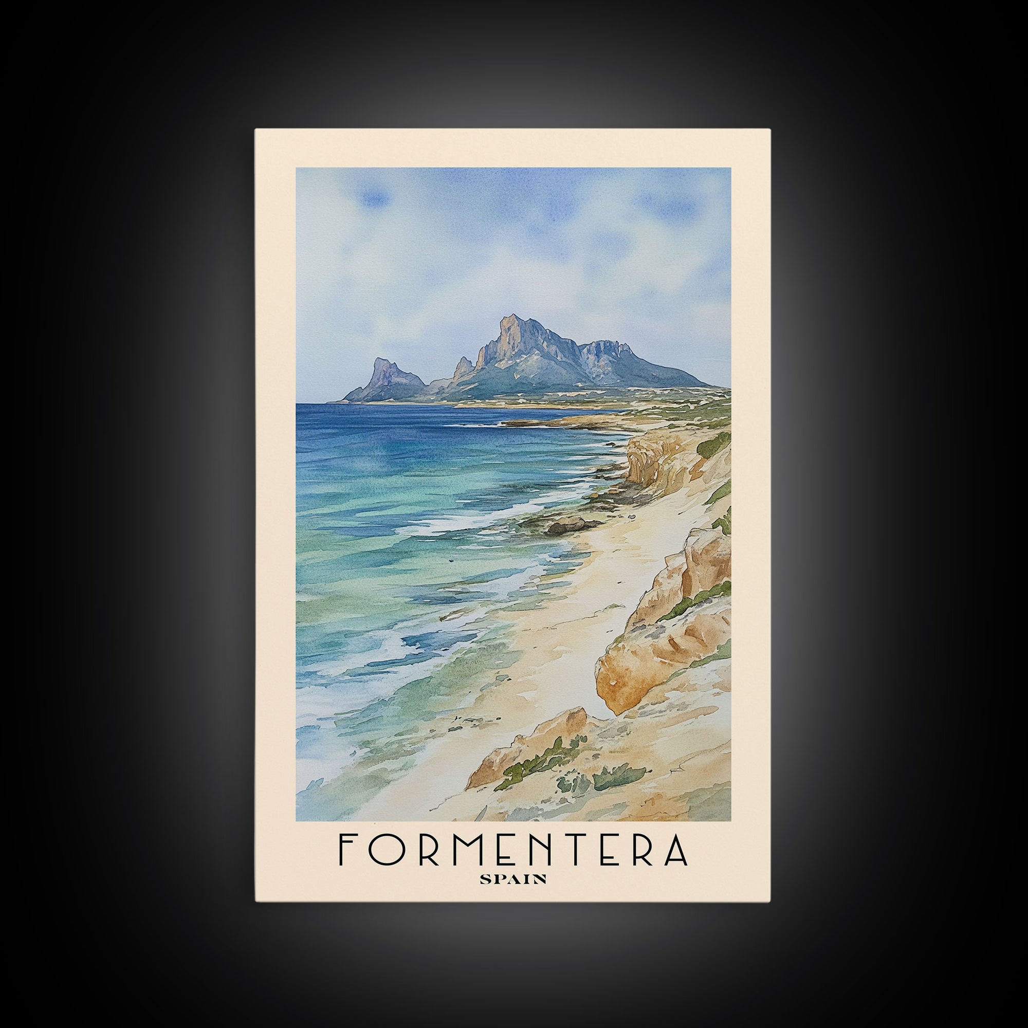 Formentera, Spain Watercolor Print, Vacation Gift, Spain Wall Art, Beach Painting, Beach Decor, Large Wall Art, Wood Frame Art