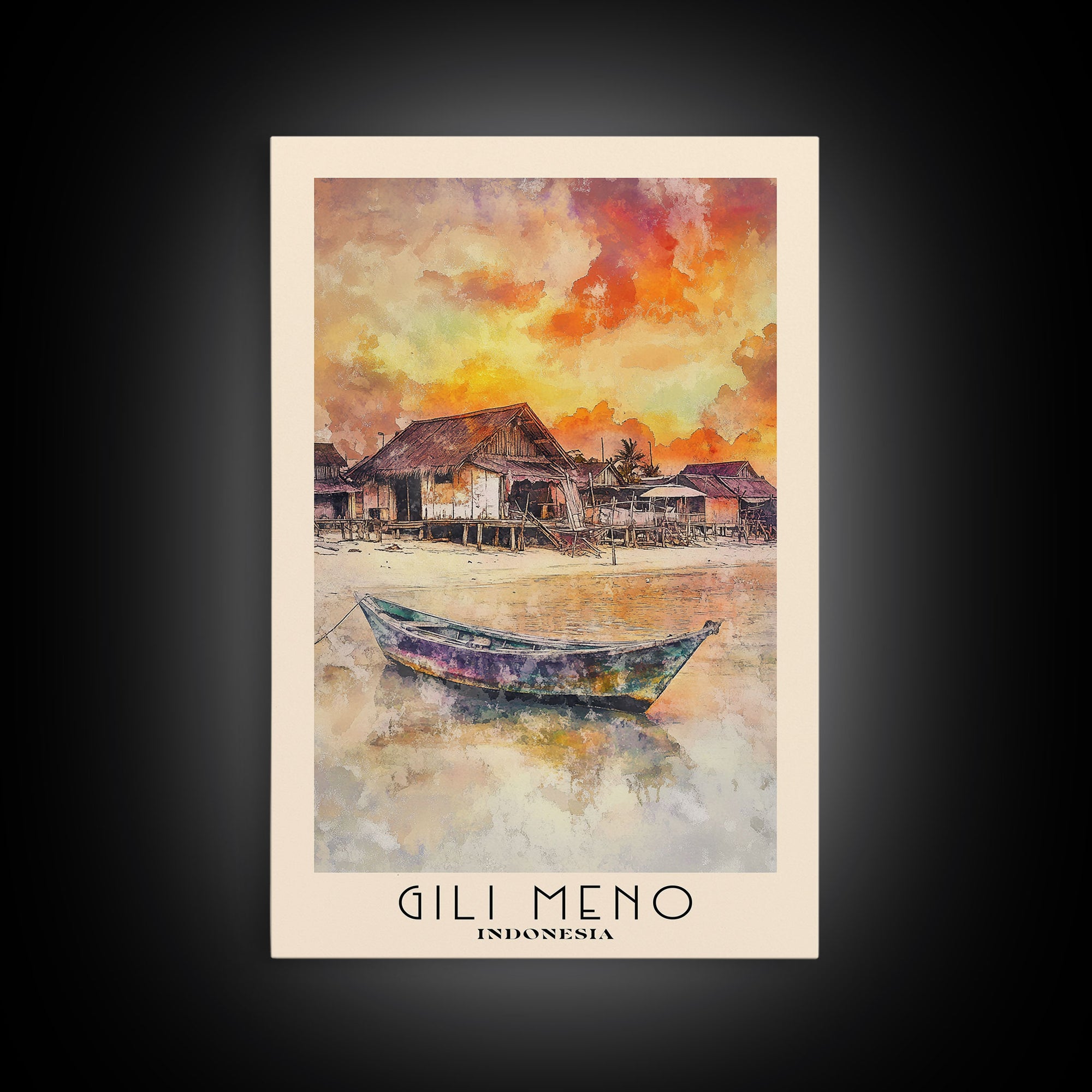 Gili Meno, Indonesia Watercolor Print, Vacation Gift, Indonesia Wall Art, Beach Painting, Beach Decor, Large Wall Art, Wood Frame Art