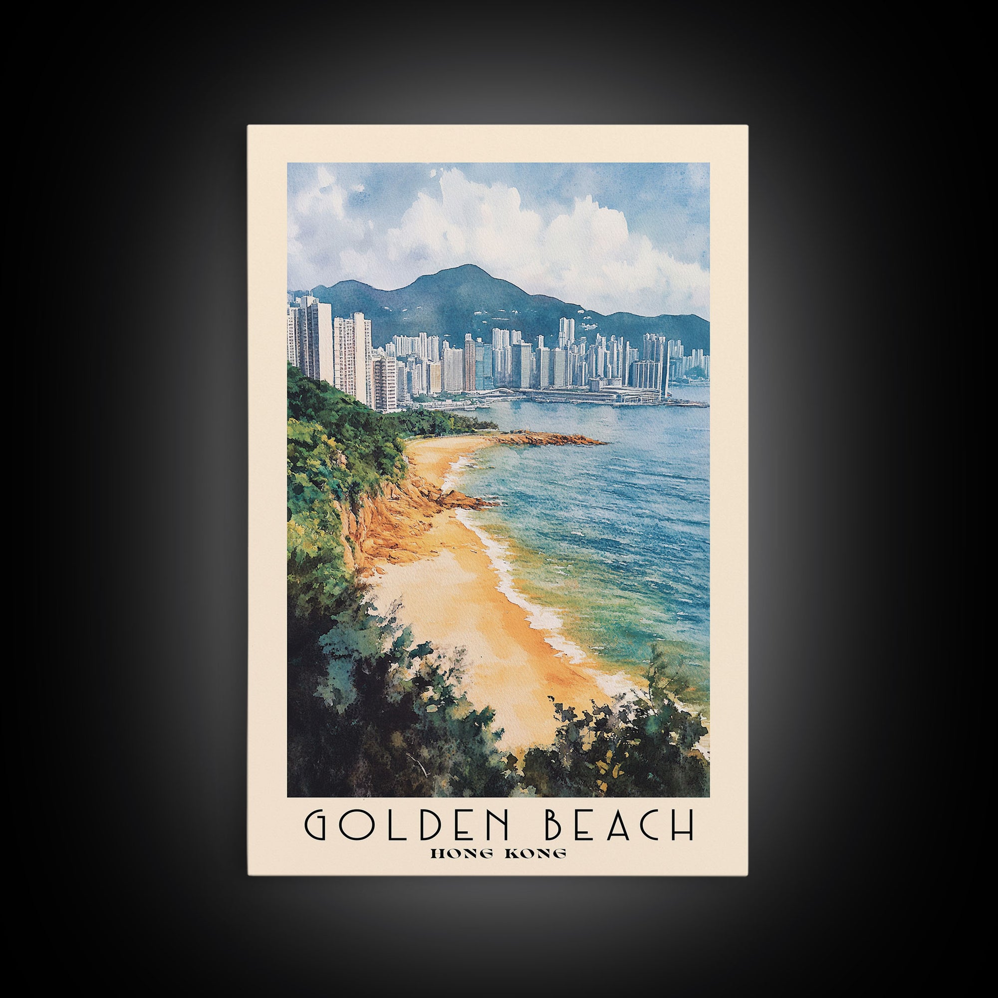 Golden Beach, Hong Kong Watercolor Print, Vacation Gift, Hong Kong Wall Art, Beach Painting, Beach Decor, Large Wall Art, Wood Frame Art