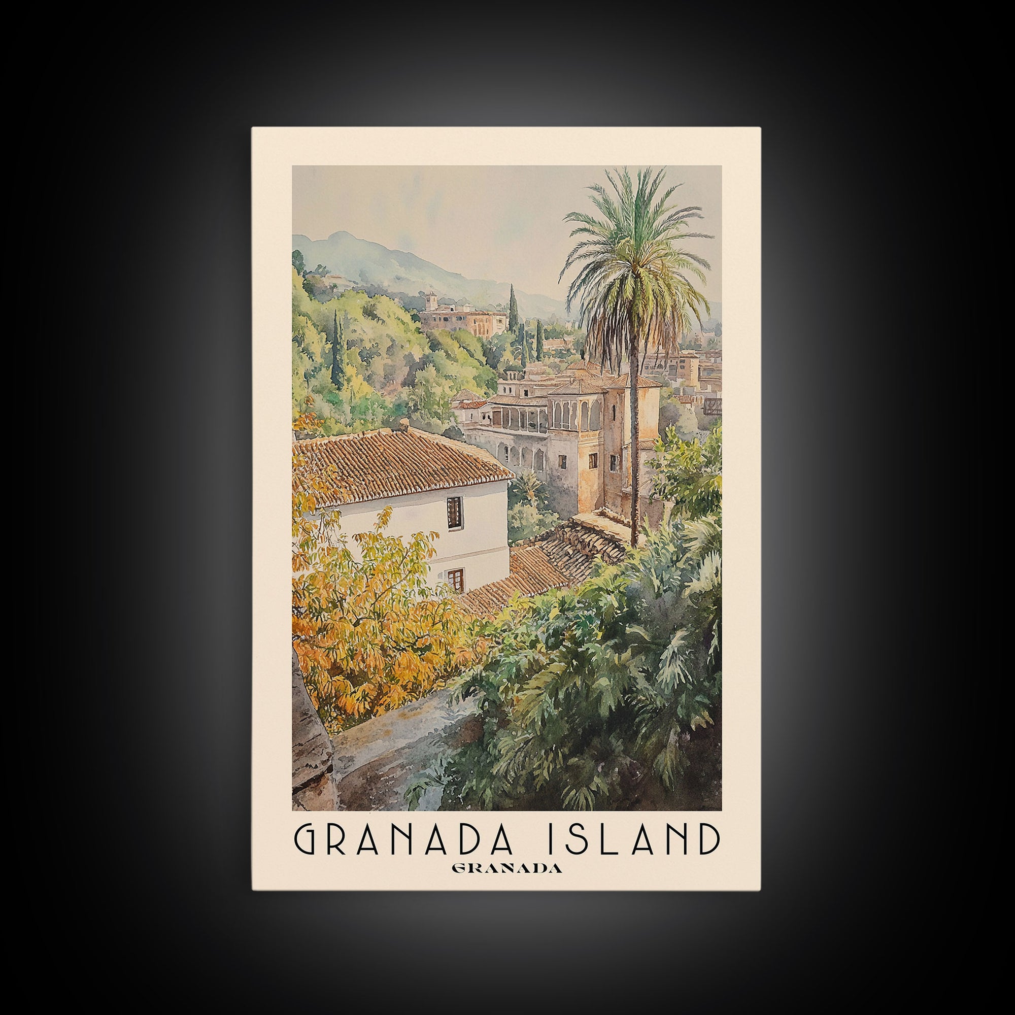 Granada Island, Granada Watercolor Print, Vacation Gift, Granada Wall Art, Beach Painting, Beach Decor, Large Wall Art, Wood Frame Art