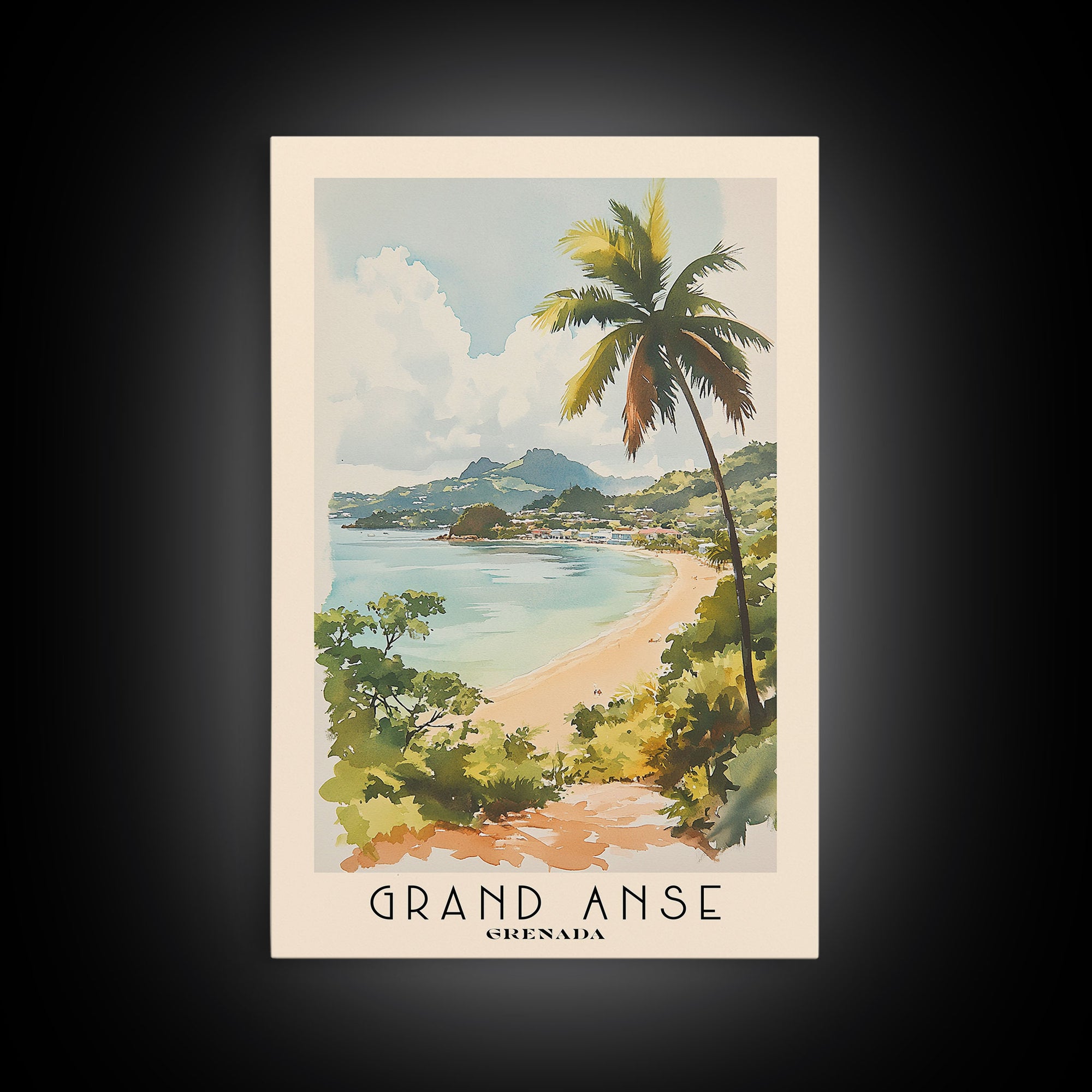 Grand Anse, Grenada Watercolor Beach Print, Vacation Gift, Grenada Wall Art, Framed Canvas Print, Framed Beach Painting