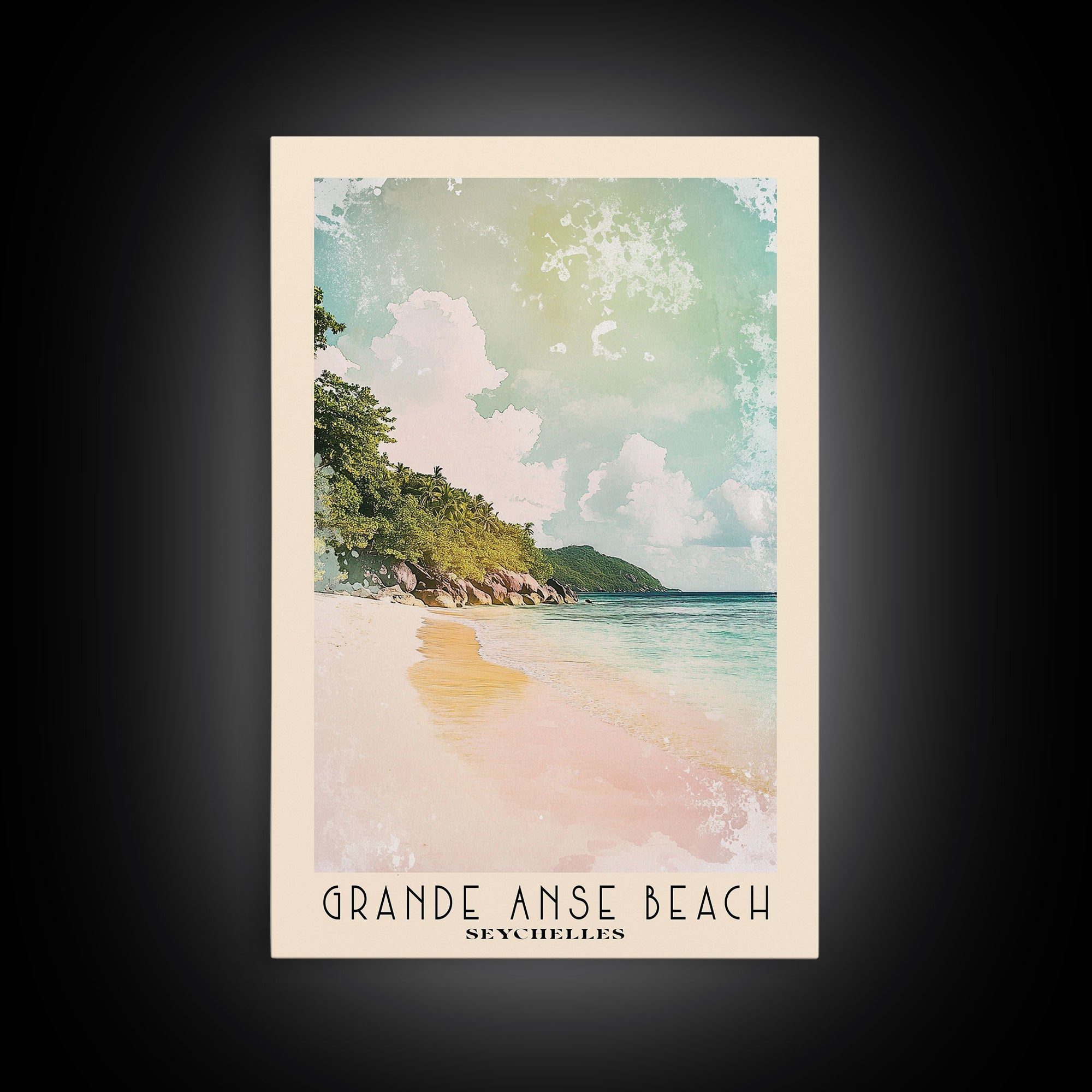 Grande Anse Beach, Seychelles Watercolor Print, Vacation Gift, Seychelles Wall Art, Beach Painting, Beach Decor, Large Wall Art, Wood Frame Art