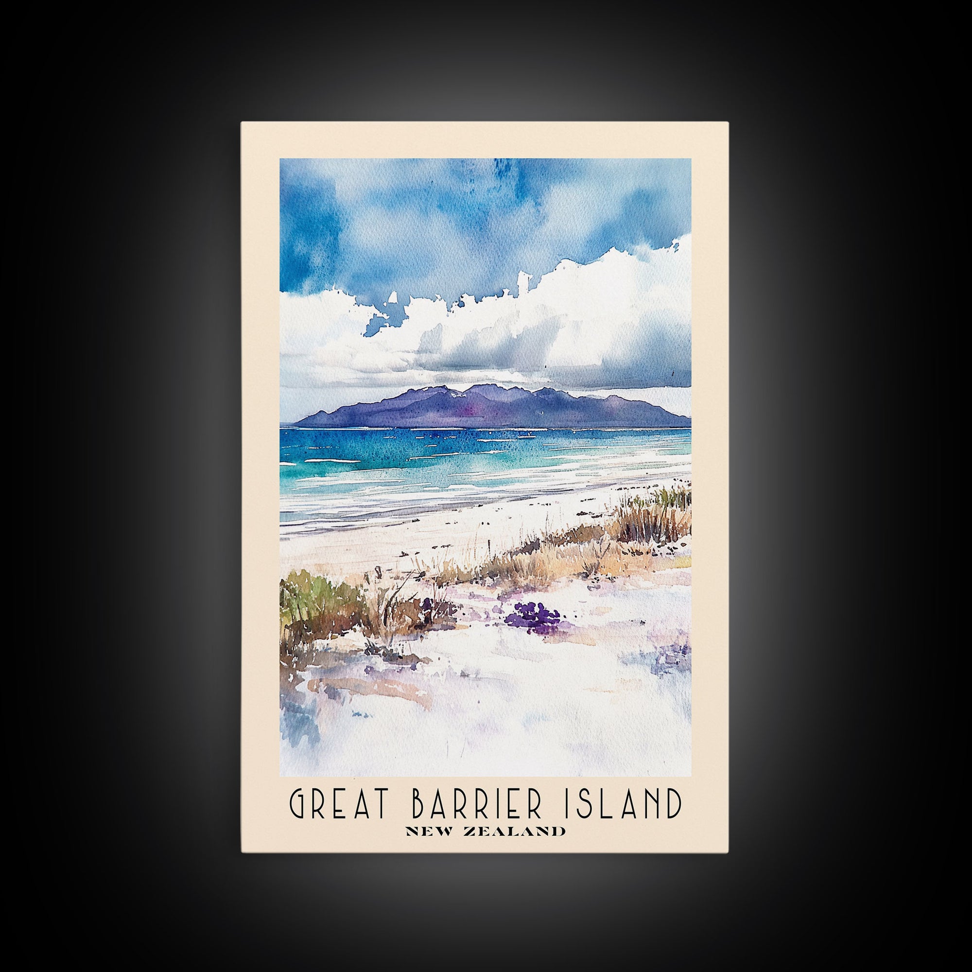 Great Barrier Island, New Zealand Watercolor Beach Print, Vacation Gift, New Zealand Wall Art, Framed Canvas Print, Framed Beach Painting