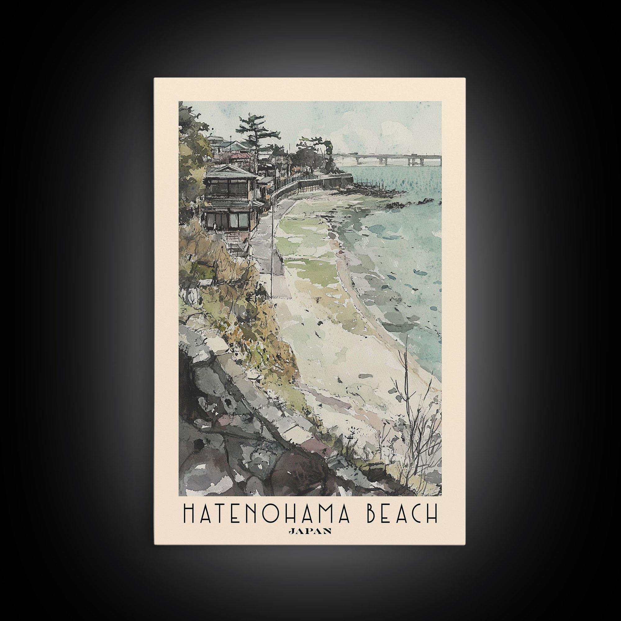 Hatenohama Beach, Japan Watercolor Print, Vacation Gift, Japan Wall Art, Beach Painting, Beach Decor, Large Wall Art, Wood Frame Art