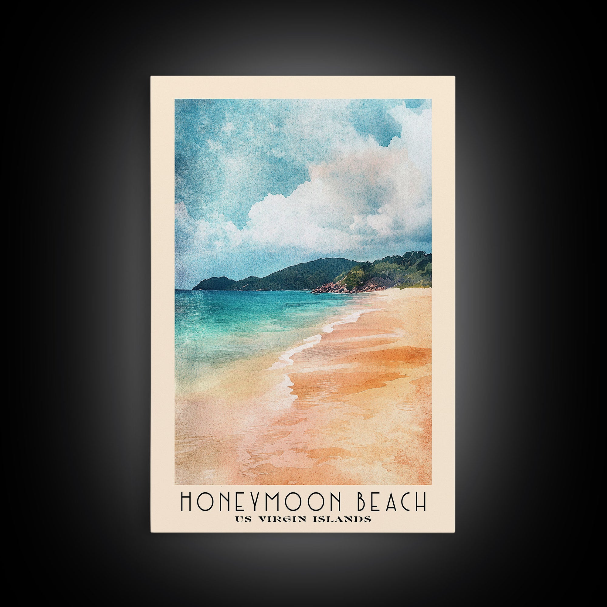 Honeymoon Beach, US Virgin islands Watercolor Beach Print, Vacation Gift, US Virgin islands Wall Art, Framed Canvas Print, Framed Beach Painting