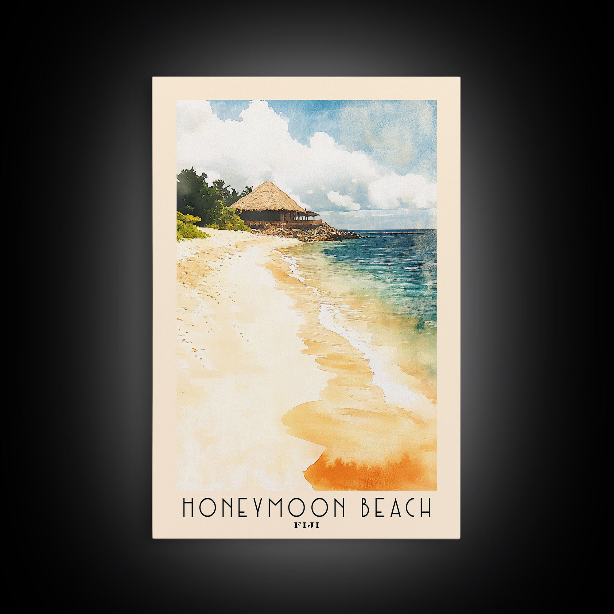 Honeymoon Beach, Fiji Watercolor Print, Vacation Gift, Fiji Wall Art, Beach Painting, Beach Decor, Large Wall Art, Wood Frame Art