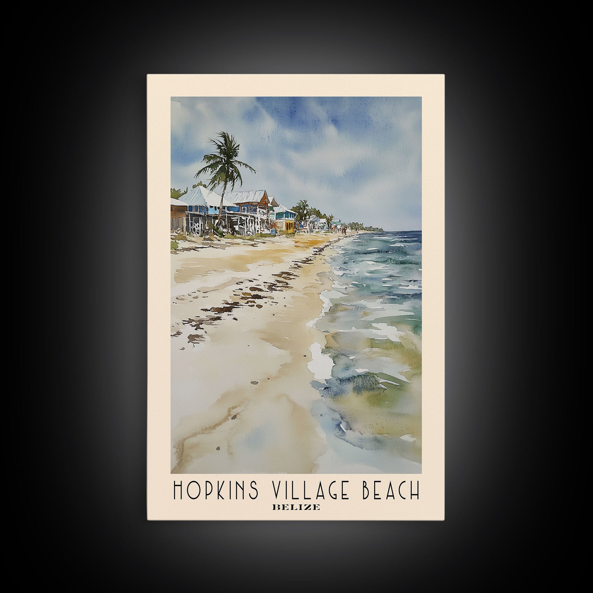 Hopkins Village Beach, Belize Watercolor Beach Print, Vacation Gift, Belize Wall Art, Framed Canvas Print, Framed Beach Painting