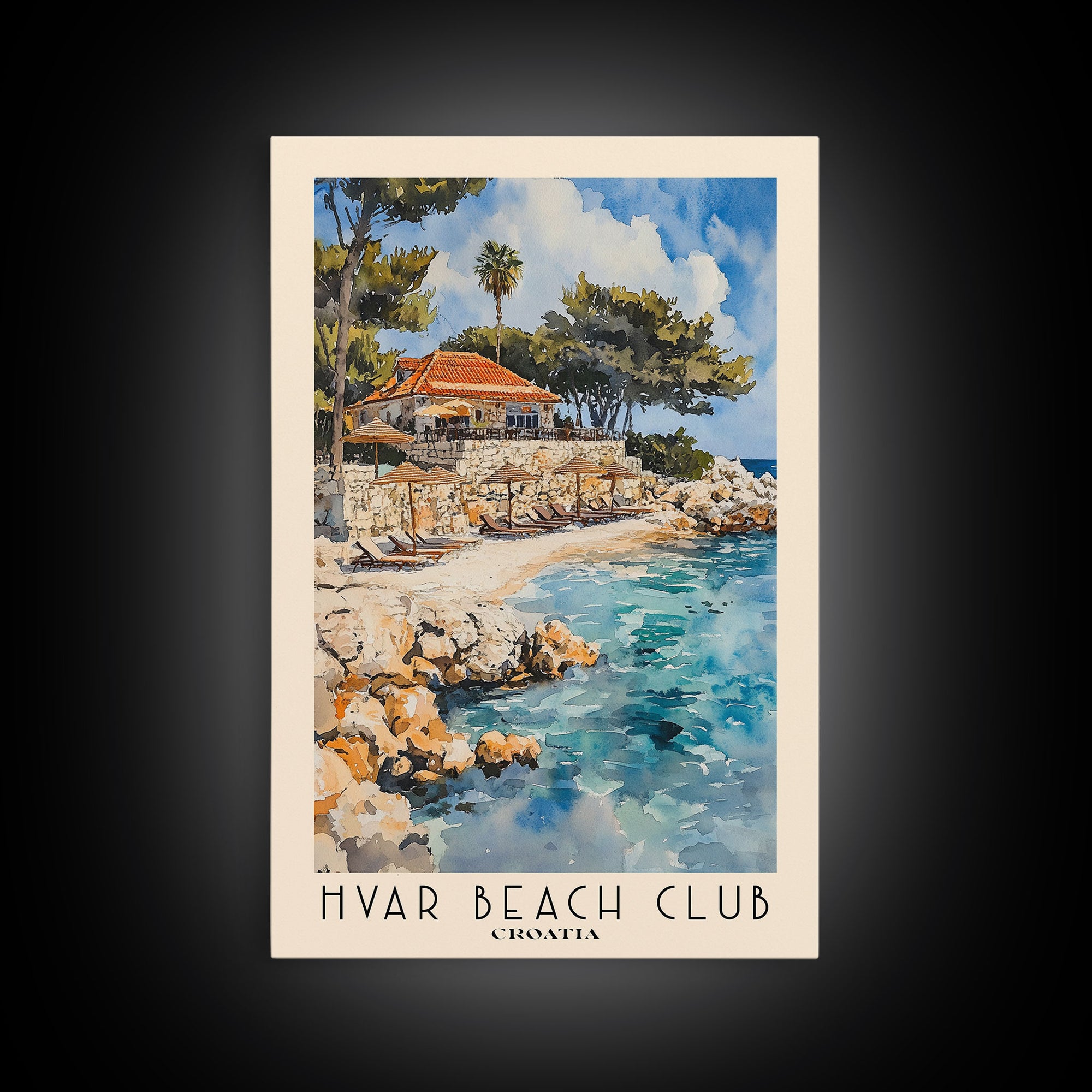 Hvar Beach Club, Croatia Watercolor Print, Vacation Gift, Croatia Wall Art, Beach Painting, Beach Decor, Large Wall Art, Wood Frame Art