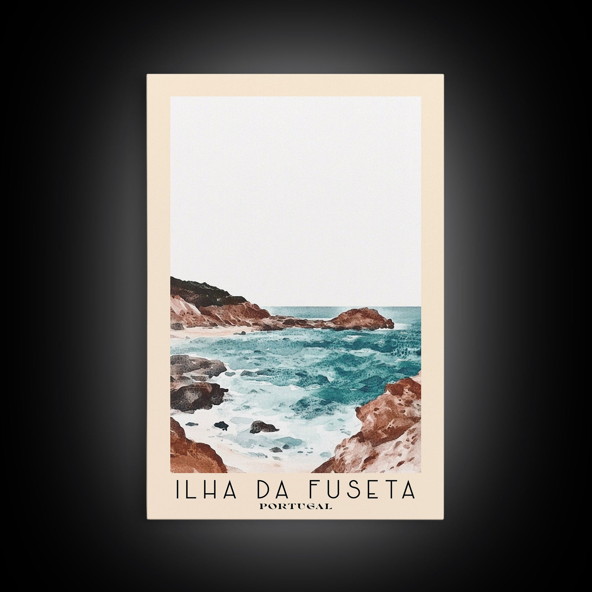 Ilha da Fuseta, Portugal Watercolor Beach Print, Vacation Gift, Portugal Wall Art, Framed Canvas Print, Framed Beach Painting