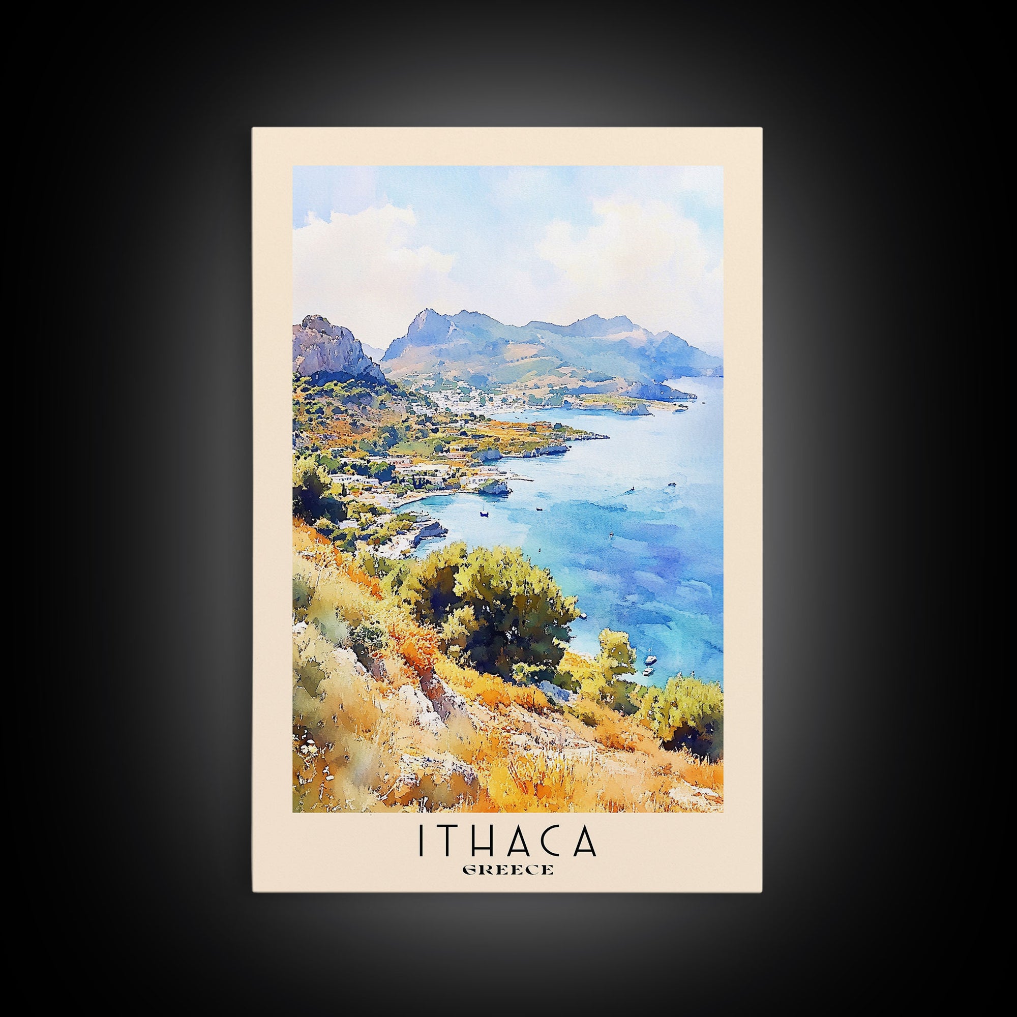 Ithaca, Greece Watercolor Print, Vacation Gift, Greece Wall Art, Beach Painting, Beach Decor, Large Wall Art, Wood Frame Art