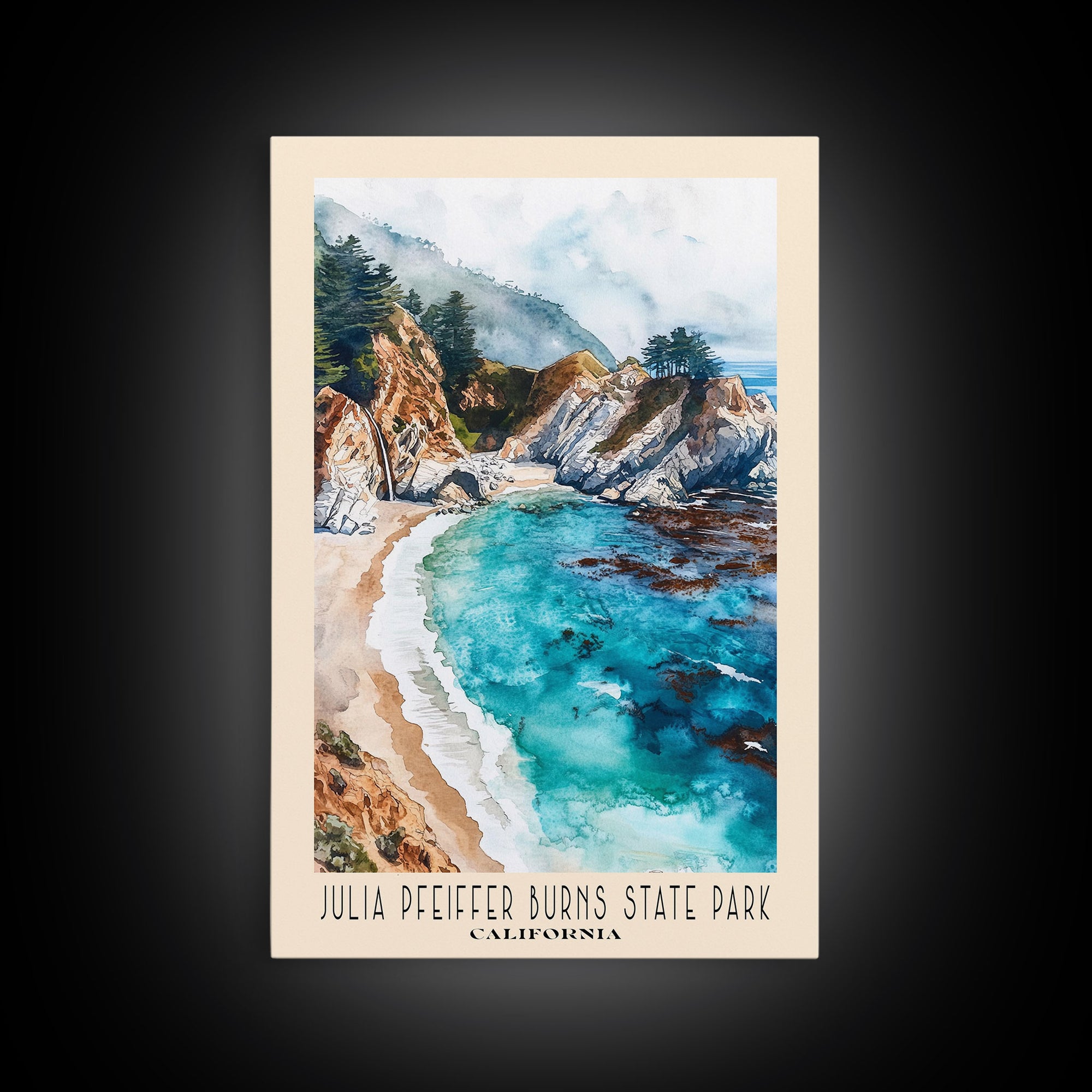 Julia Pfeiffer Burns State Park, California Watercolor Beach Print, Vacation Gift, California Wall Art, Framed Canvas Print, Framed Beach Painting