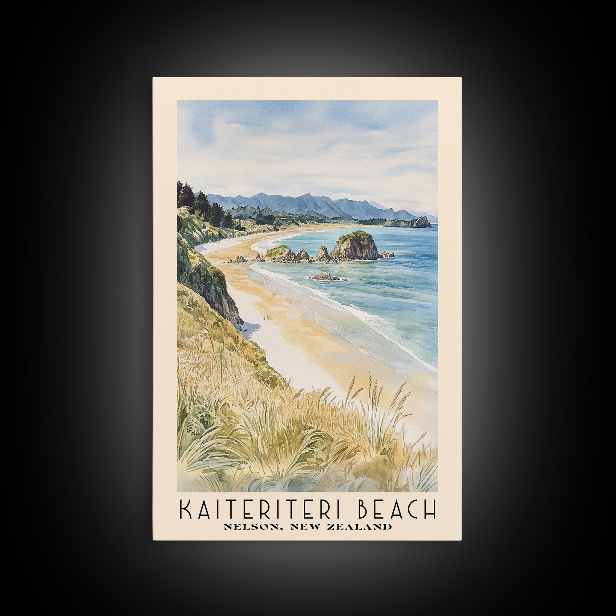 Kaiteriteri Beach, Nelson, New Zealand Watercolor Print, Vacation Gift, Nelson, New Zealand Wall Art, Beach Painting, Beach Decor, Large Wall Art, Wood Frame Art